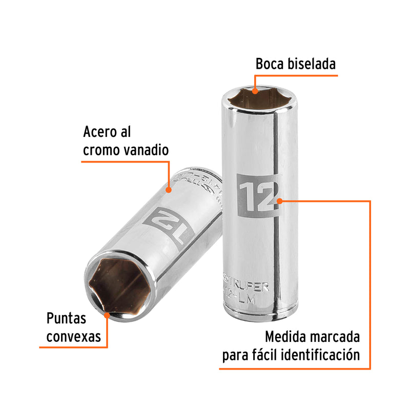 Dado de 6 puntas, largo, cuadro 1/4" de 12mm
