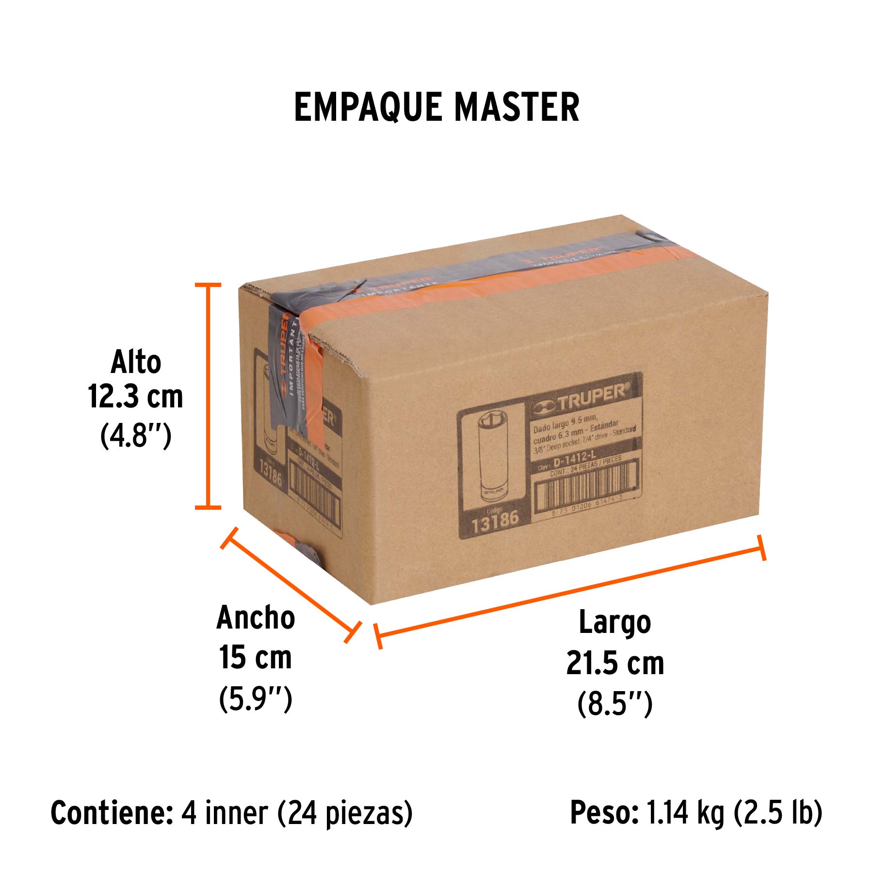 Dado de 6 puntas, largo, cuadro 1/4" de 3/8"