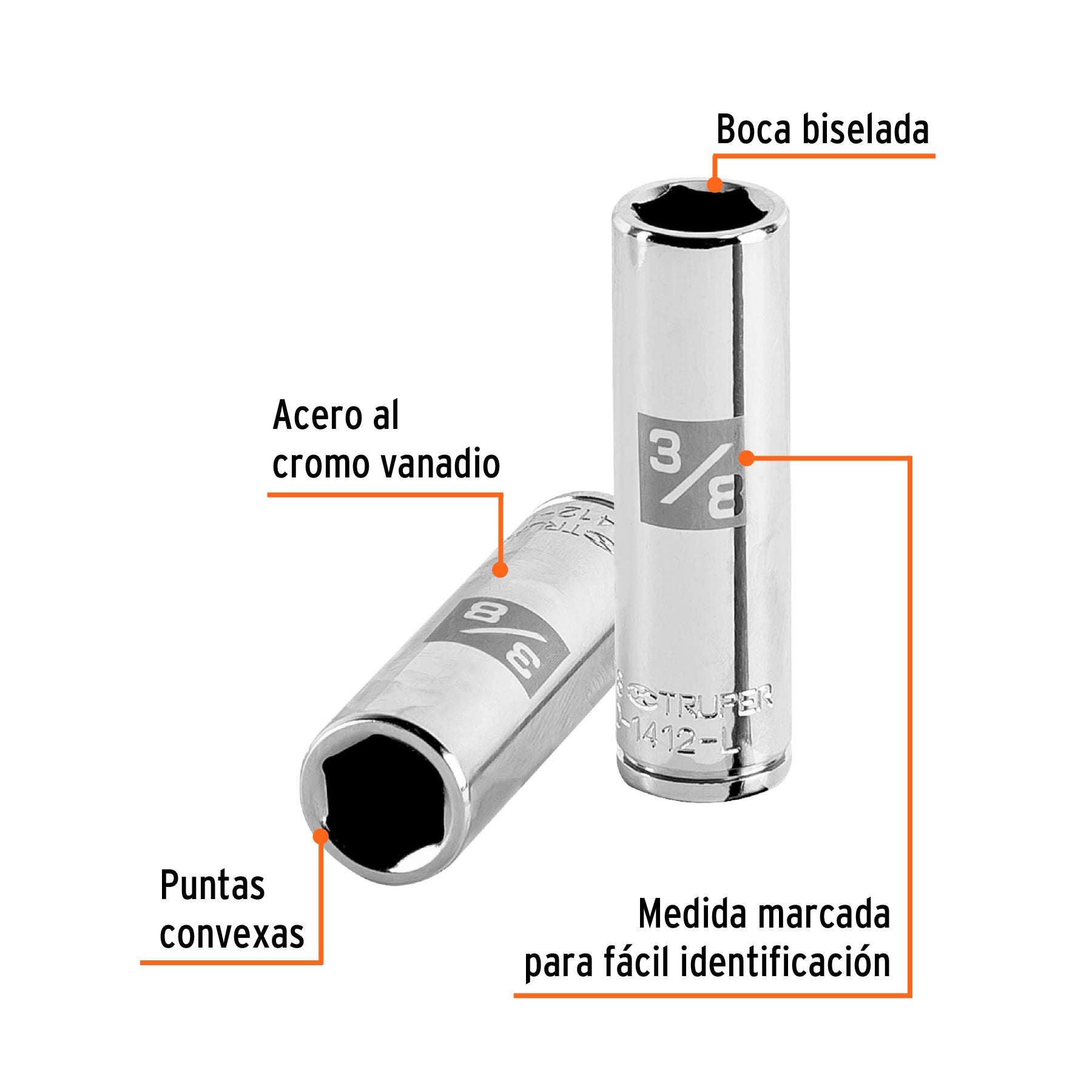Dado de 6 puntas, largo, cuadro 1/4" de 3/8"