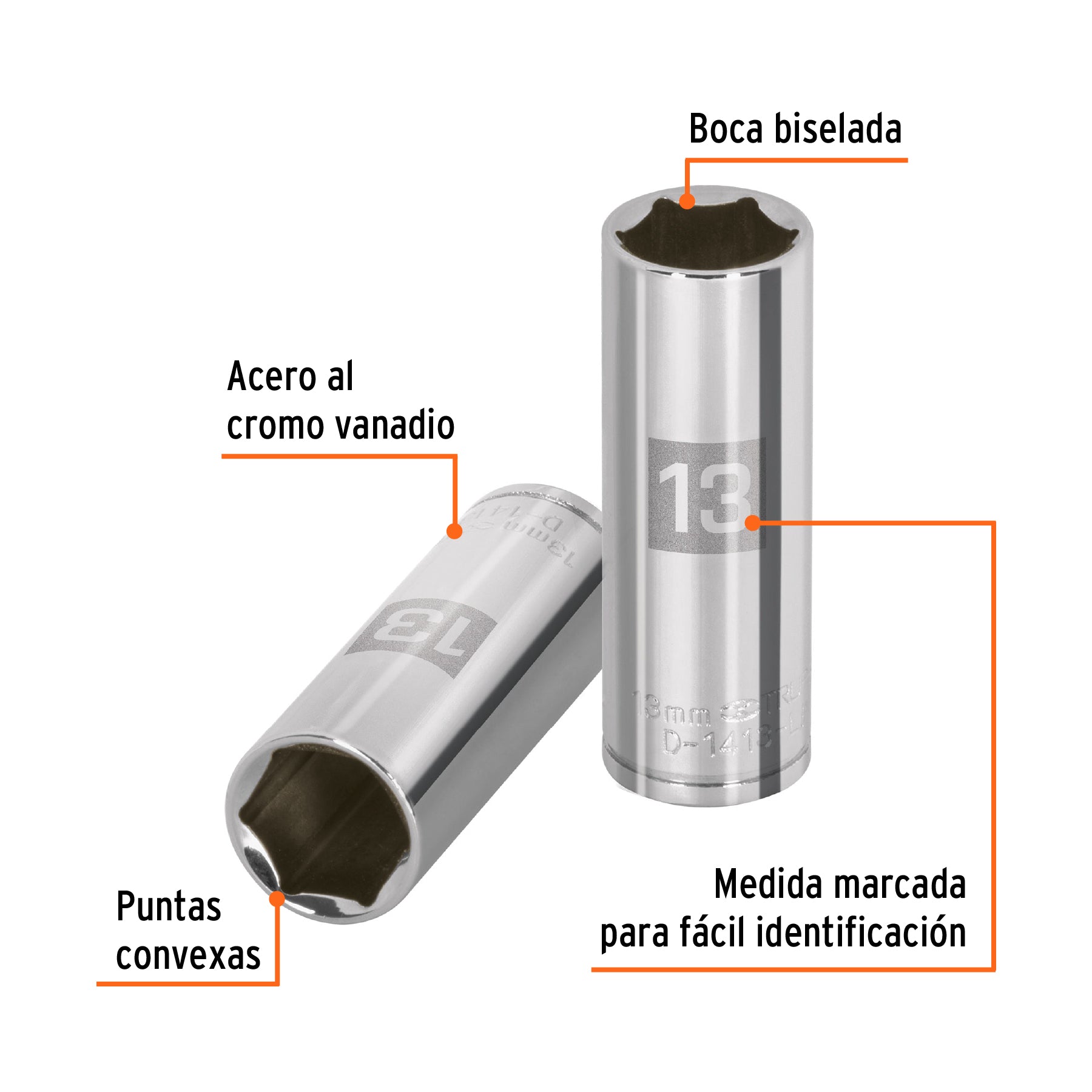 Dado de 6 puntas, largo, cuadro 1/4" de 13mm
