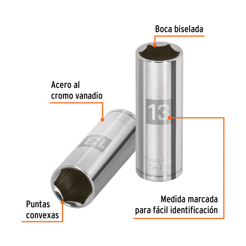Dado de 6 puntas, largo, cuadro 1/4" de 13mm