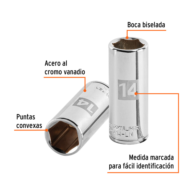 Dado de 6 puntas, largo, cuadro 1/4" de 14mm