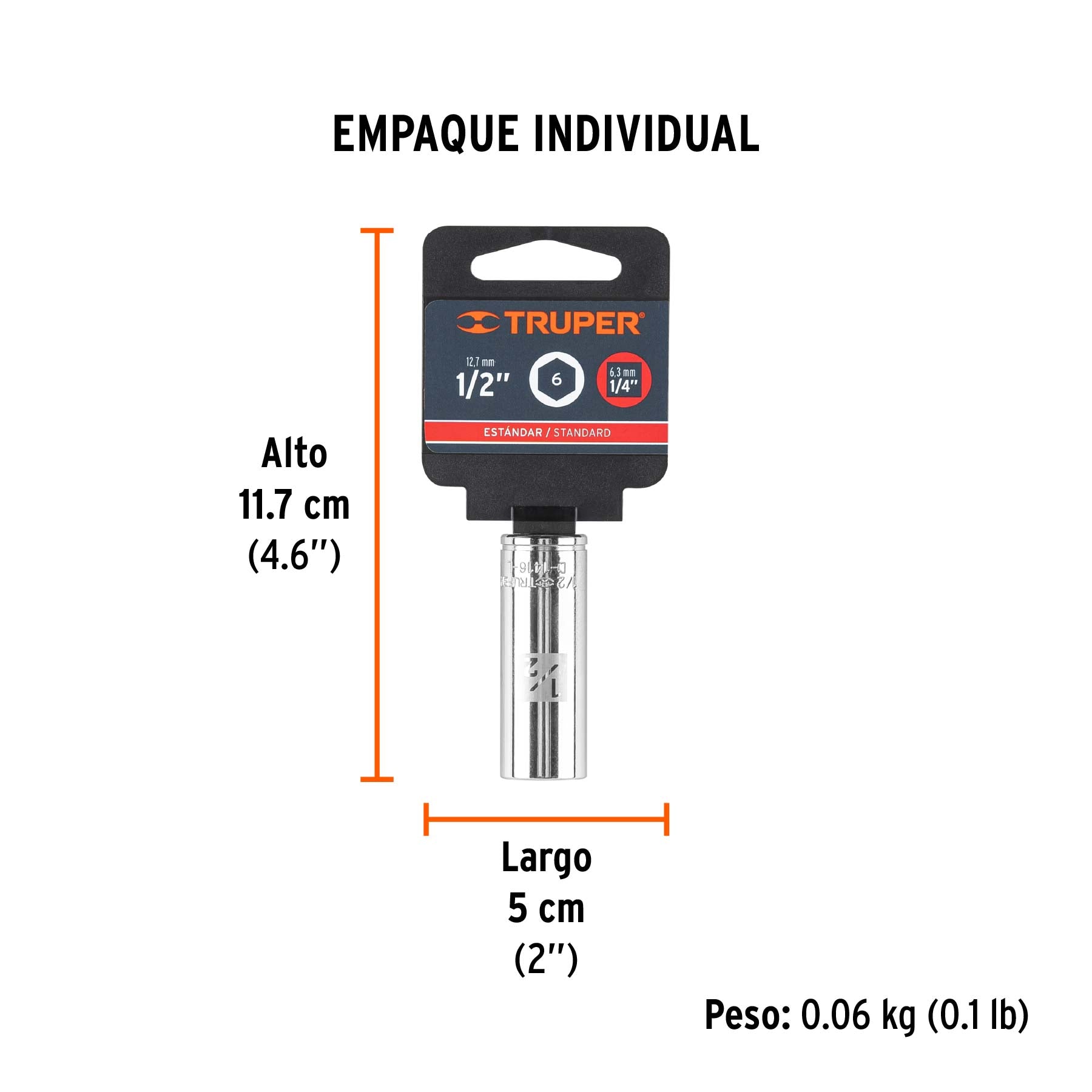 Dado de 6 puntas, largo, cuadro 1/4" de 1/2"