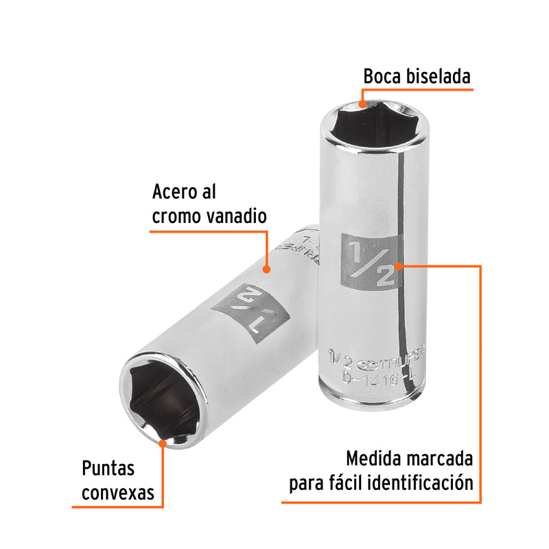 Dado de 6 puntas, largo, cuadro 1/4" de 1/2"