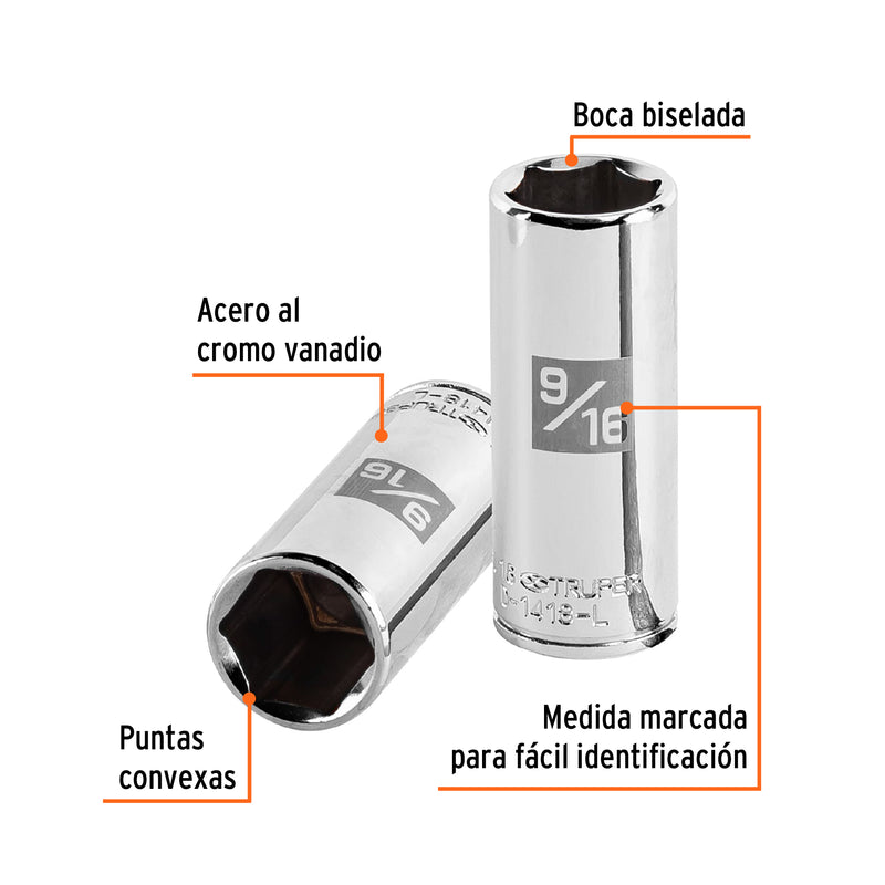 Dado de 6 puntas, largo, cuadro 1/4" de 9/16"