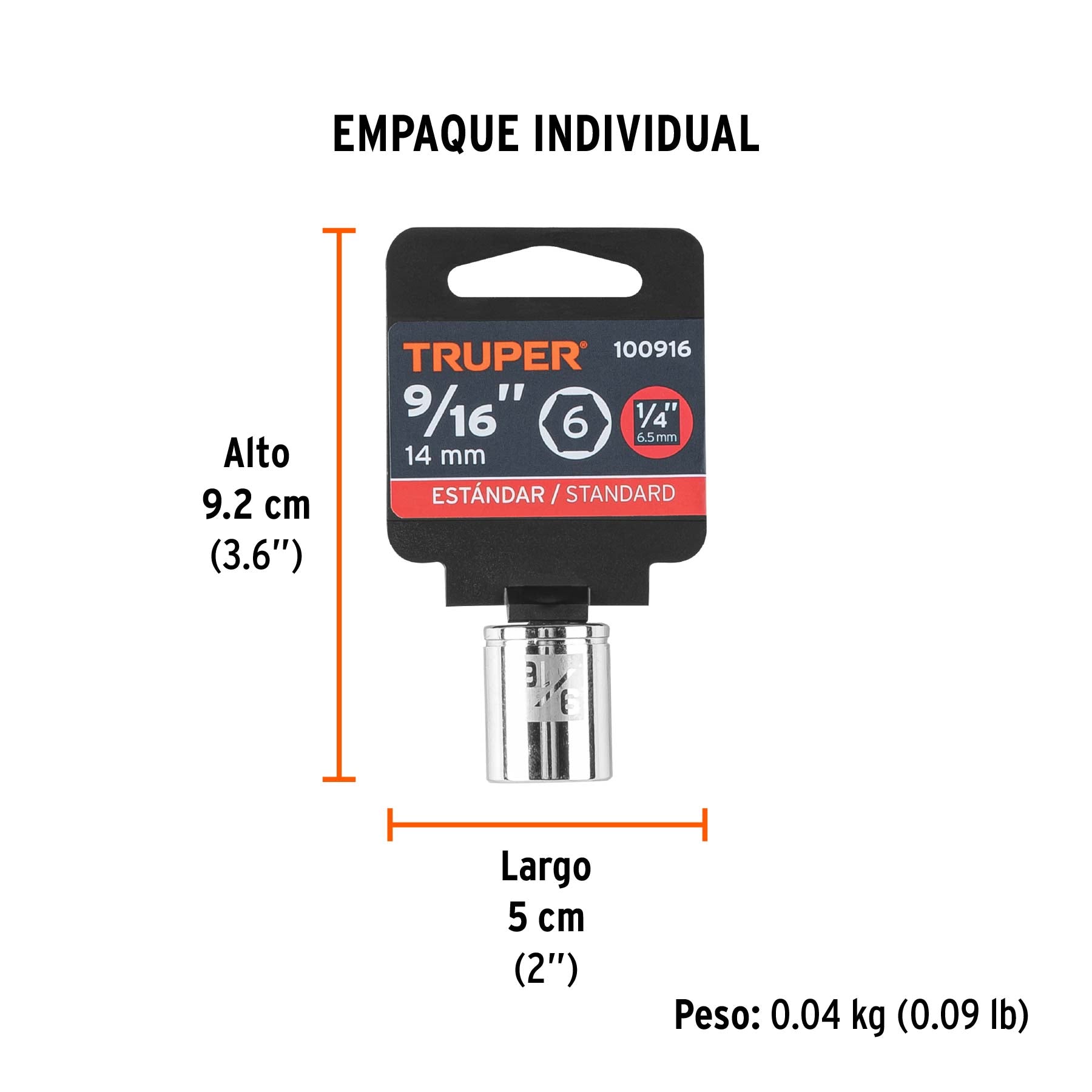 Dado de 9/16', 6 puntas, cuadro 1/4', Truper