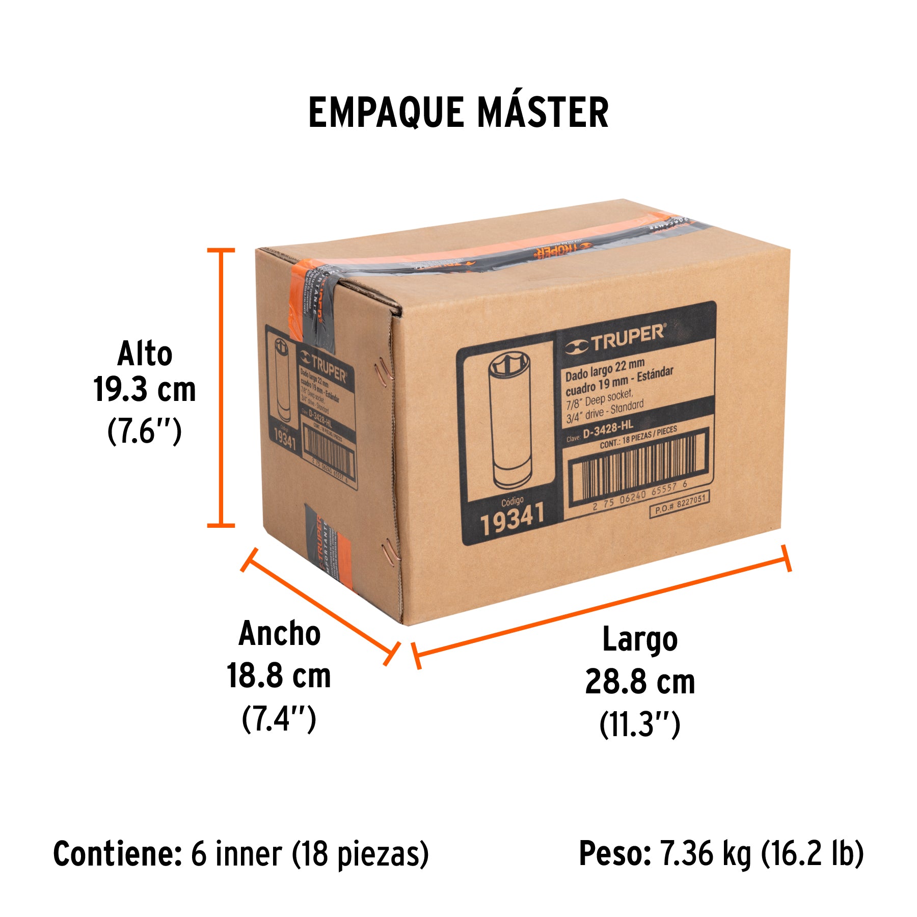 Dado de 6 puntas, largo, cuadro 3/4" de 7/8"