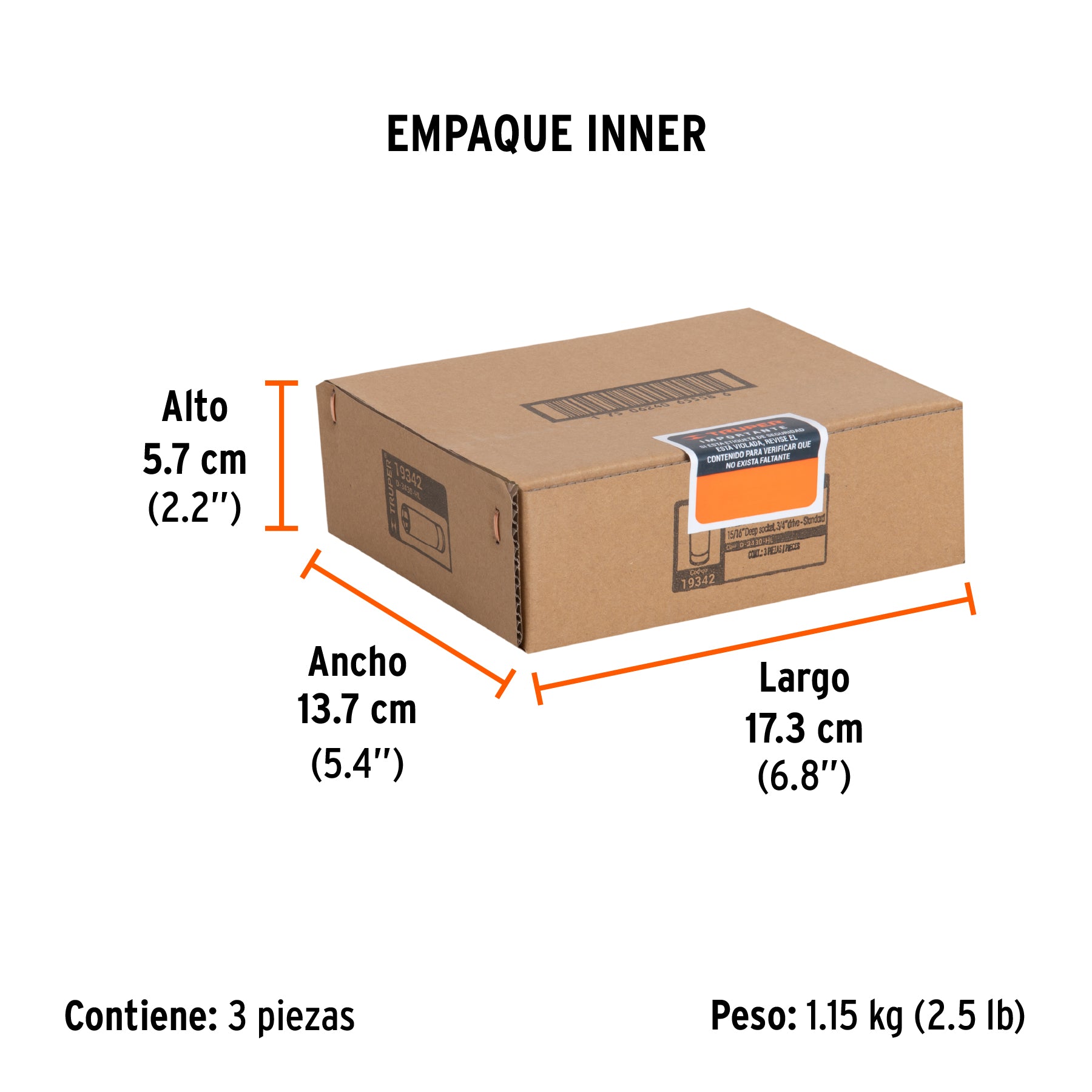 Dado de 6 puntas, largo, cuadro 3/4" de 15/16"