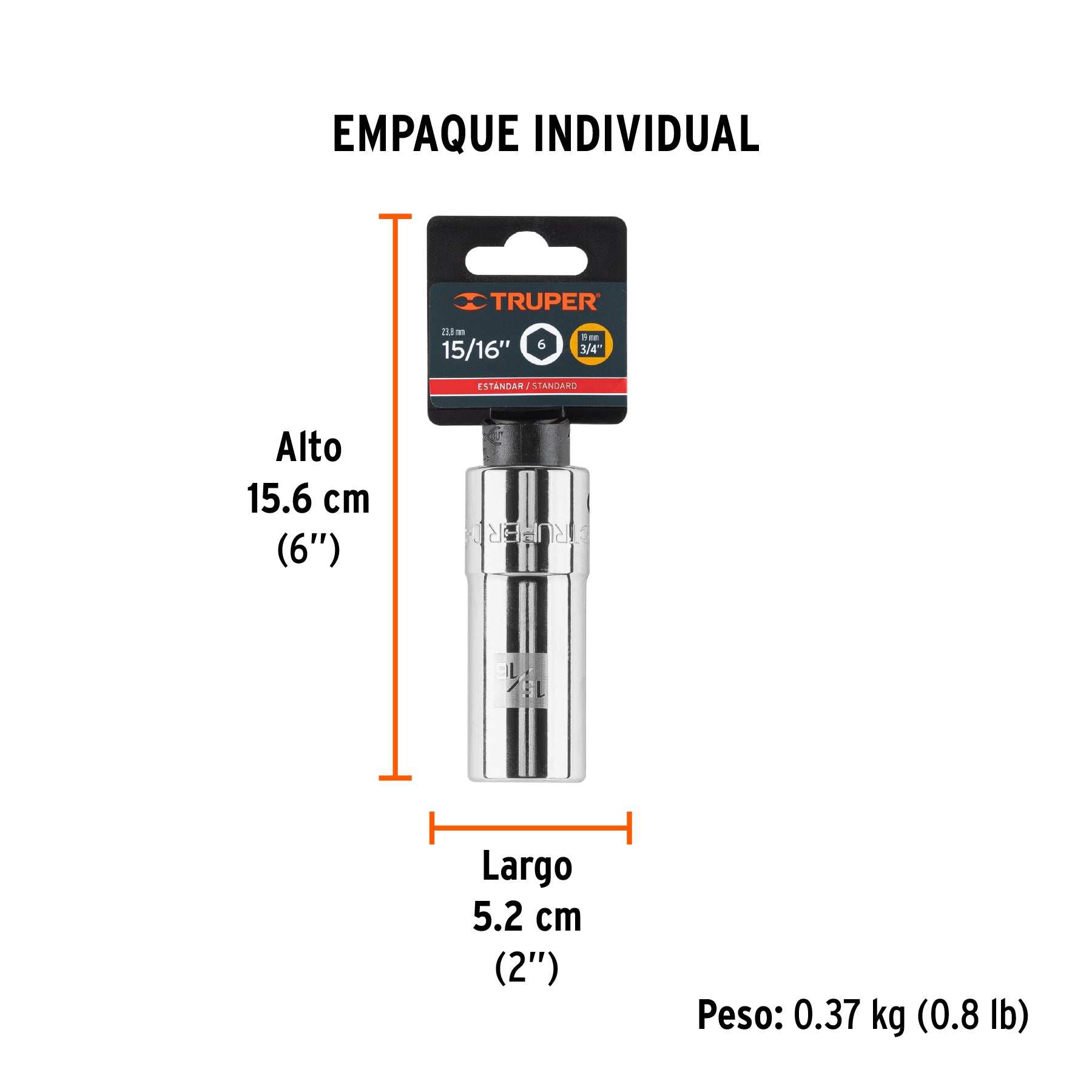 Dado de 6 puntas, largo, cuadro 3/4" de 15/16"