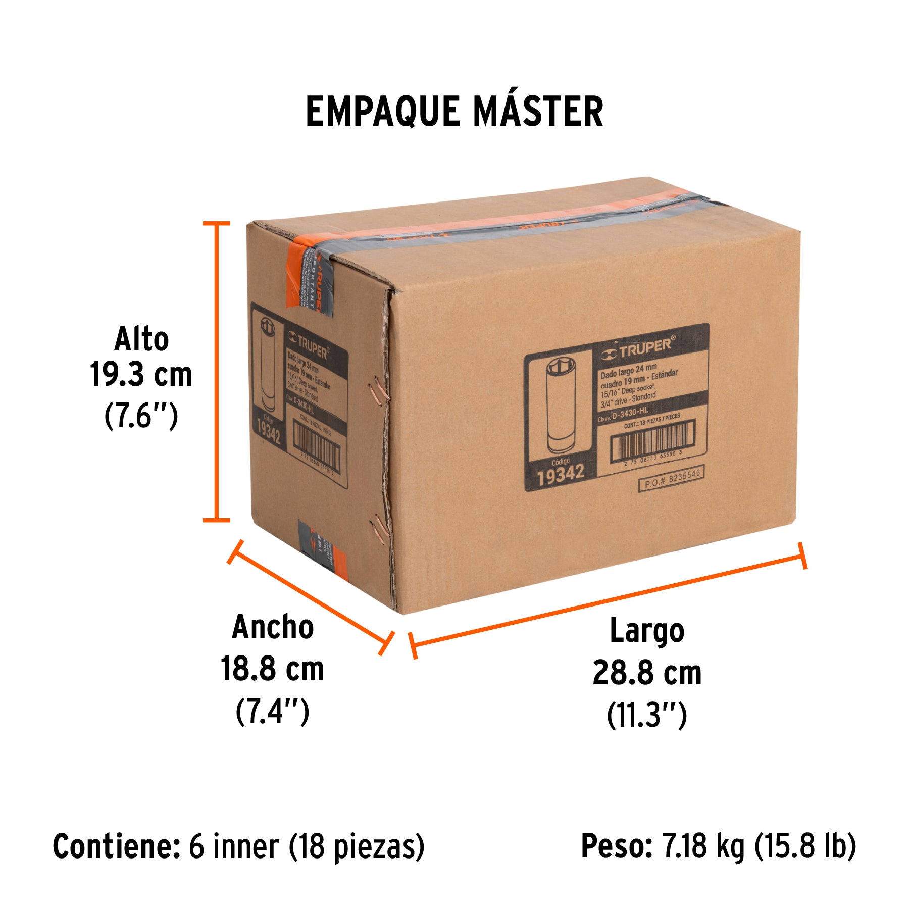 Dado de 6 puntas, largo, cuadro 3/4" de 15/16"