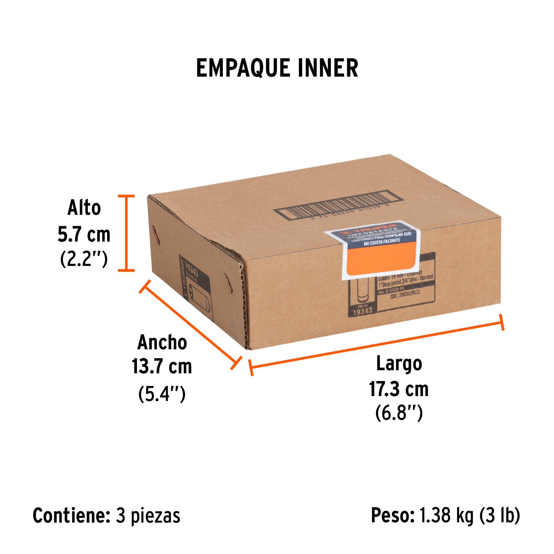 Dado de 6 puntas, largo, cuadro 3/4" de 1"
