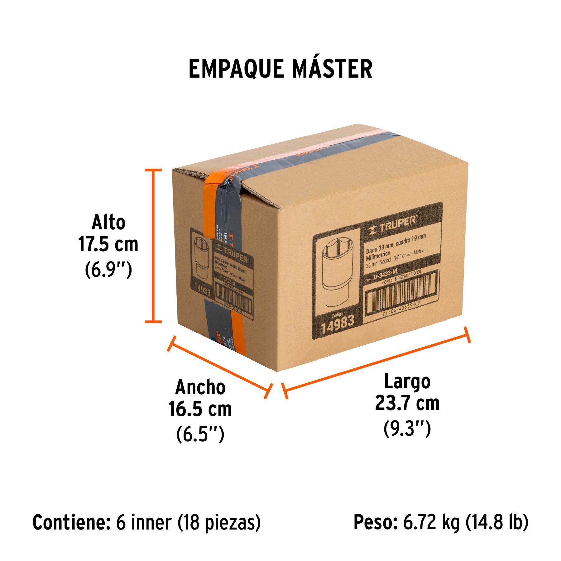 Dado de 6 puntas, cuadro 3/4" de 33mm