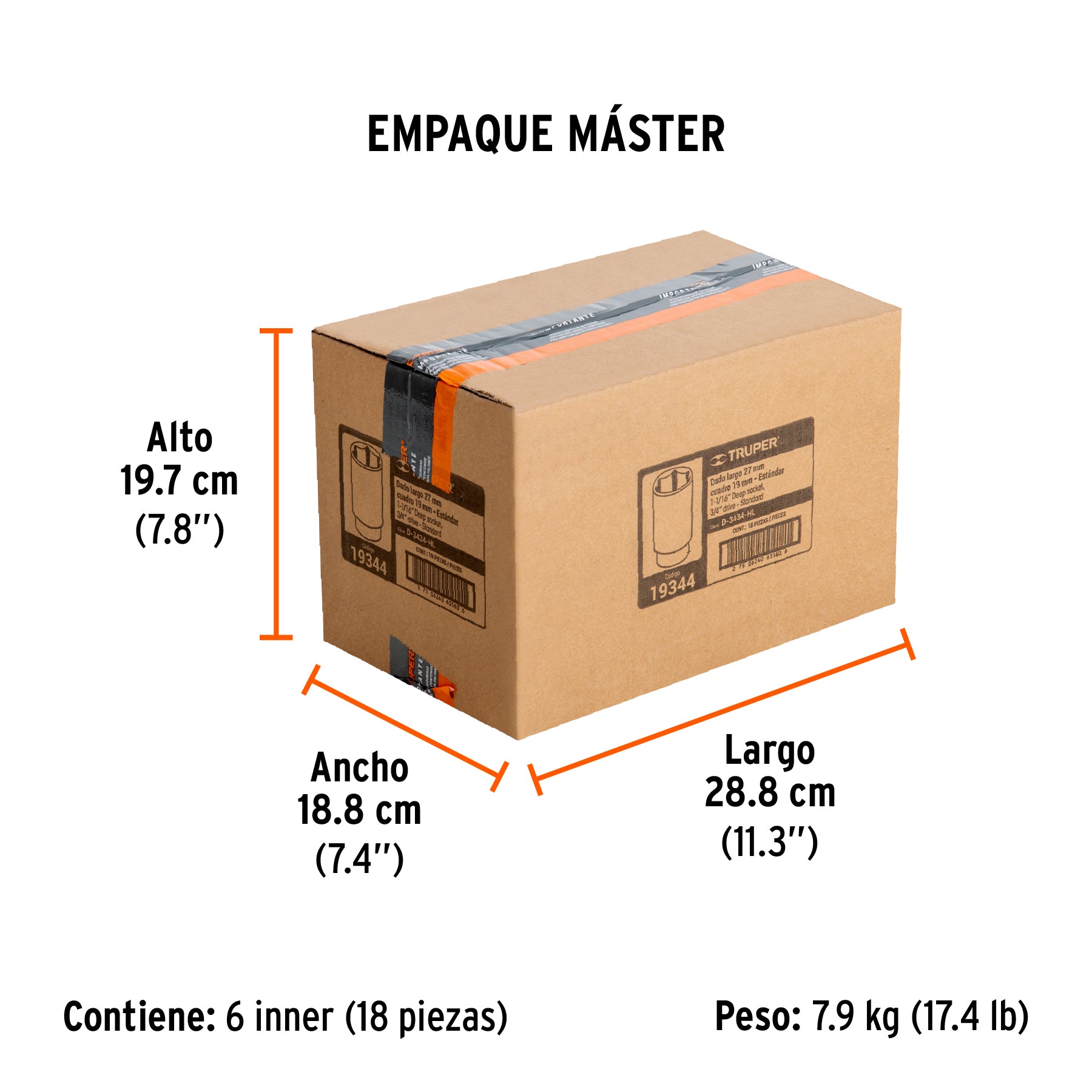 Dado de 6 puntas, largo, cuadro 3/4" de 1-1/16"