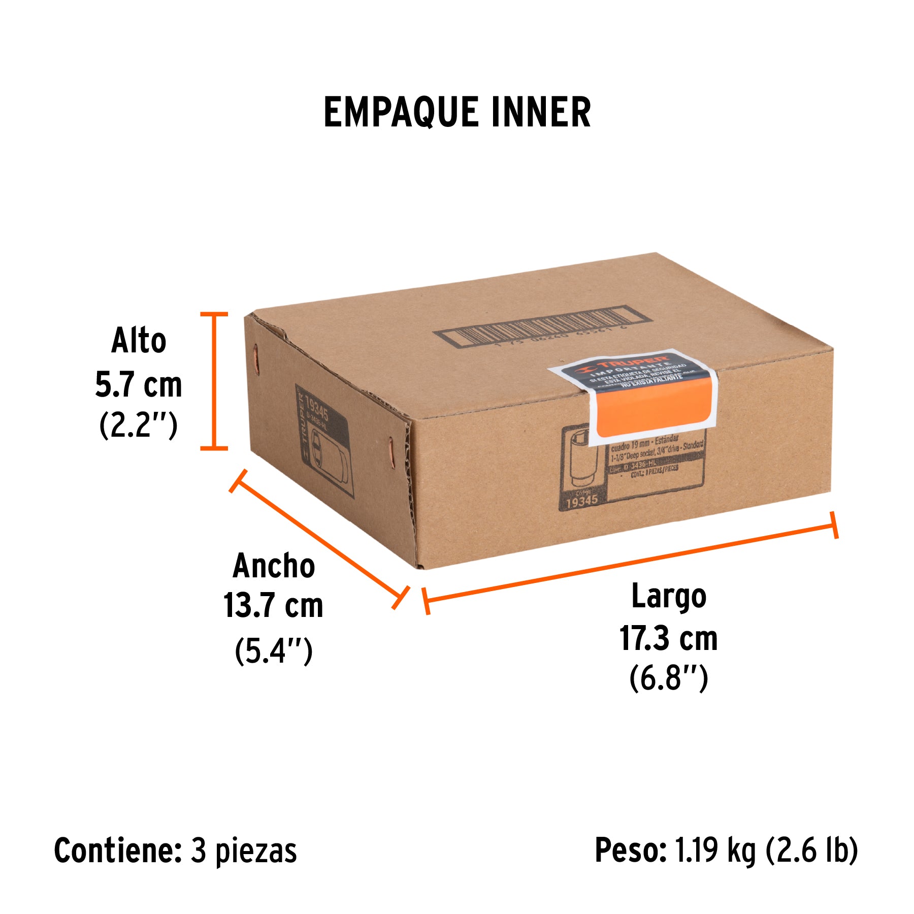 Dado de 6 puntas, largo, cuadro 3/4" de 1-1/8"