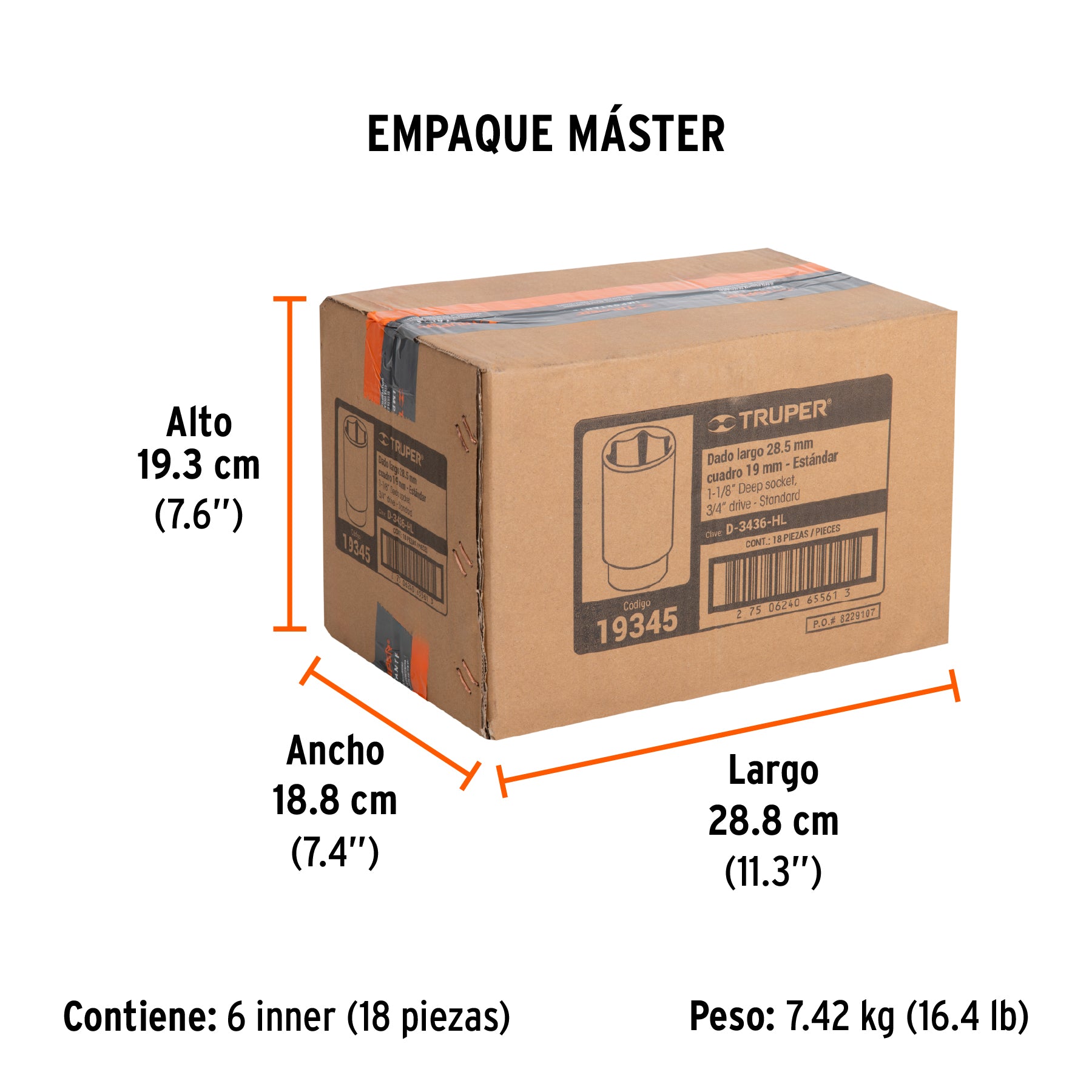Dado de 6 puntas, largo, cuadro 3/4" de 1-1/8"