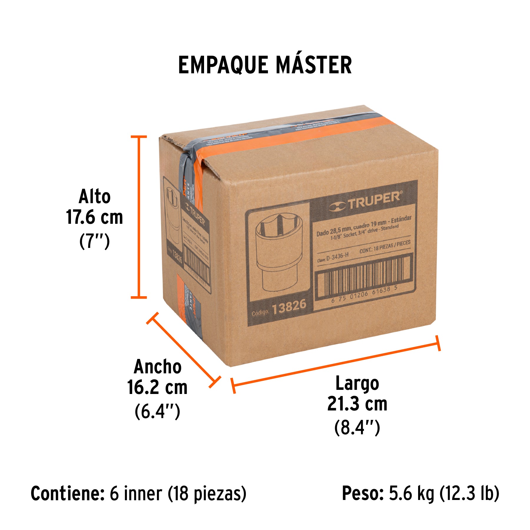Dado de 6 puntas, cuadro 3/4" de 1-1/8"