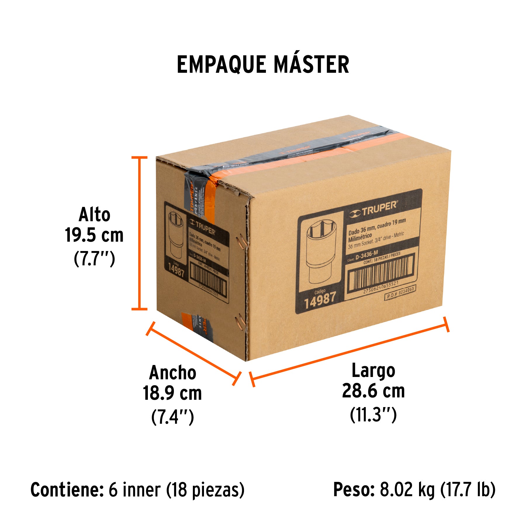 Dado de 6 puntas, cuadro 3/4" de 36mm