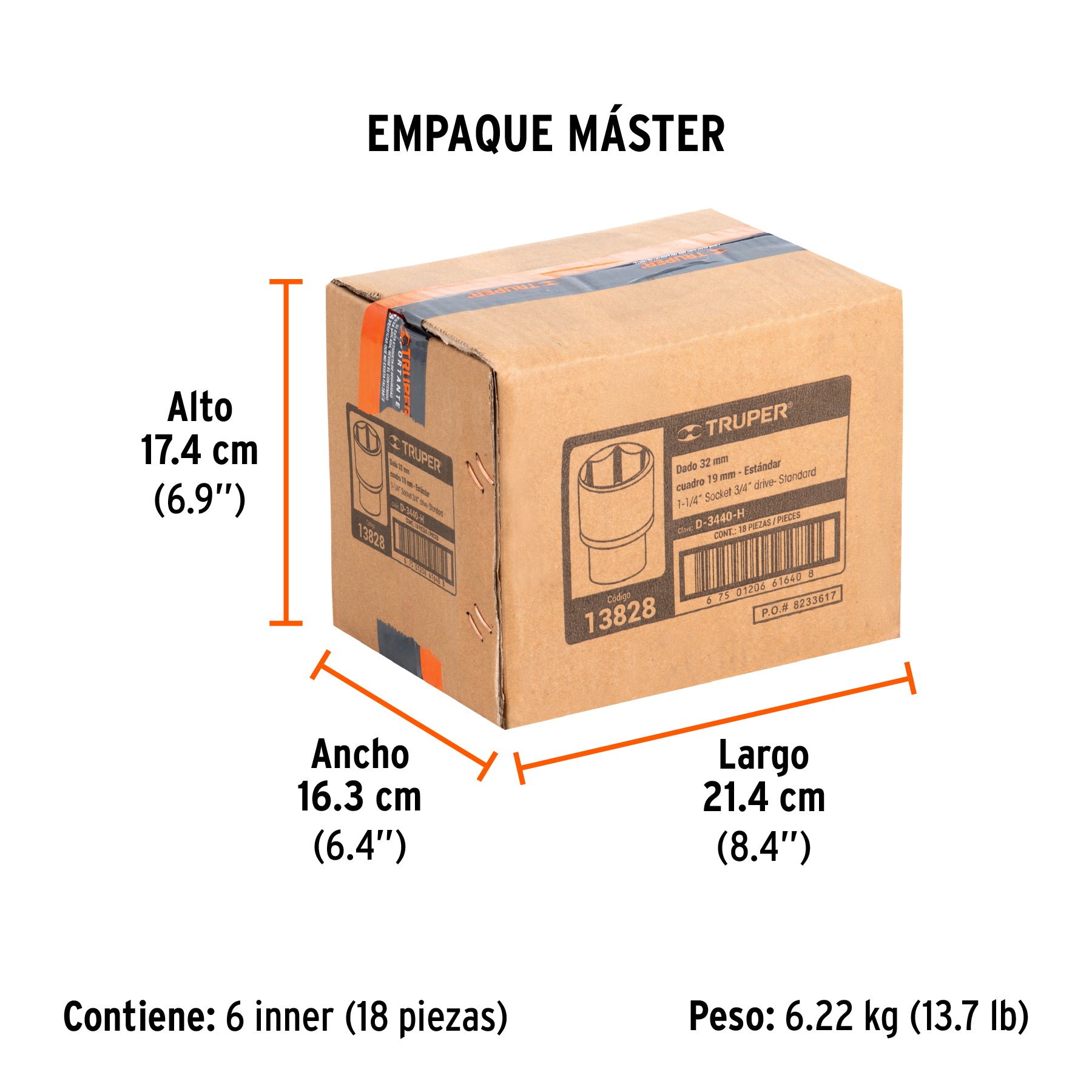 Dado de 6 puntas, cuadro 3/4" de 1-1/4"