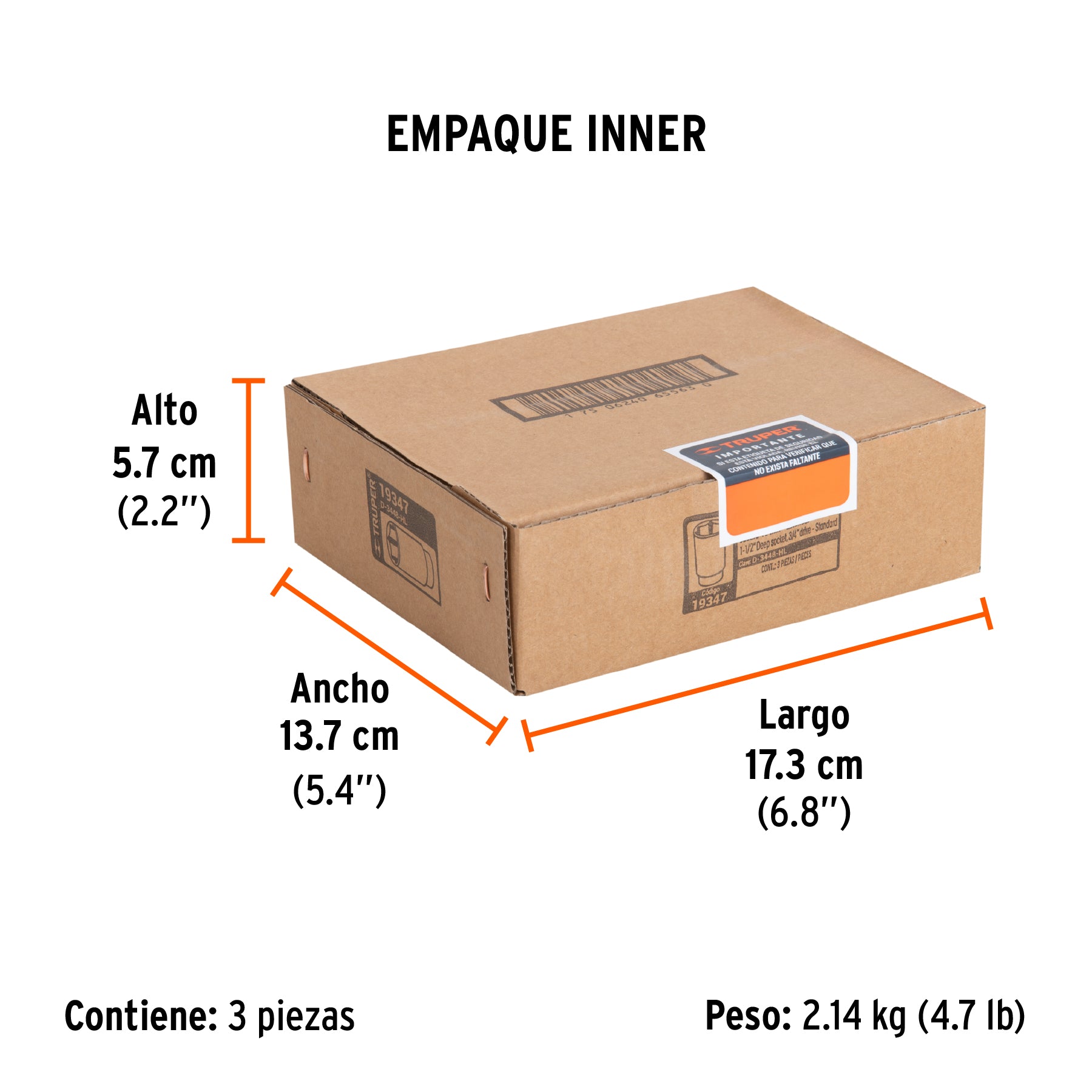Dado de 6 puntas, largo, cuadro 3/4" de 1-1/2"