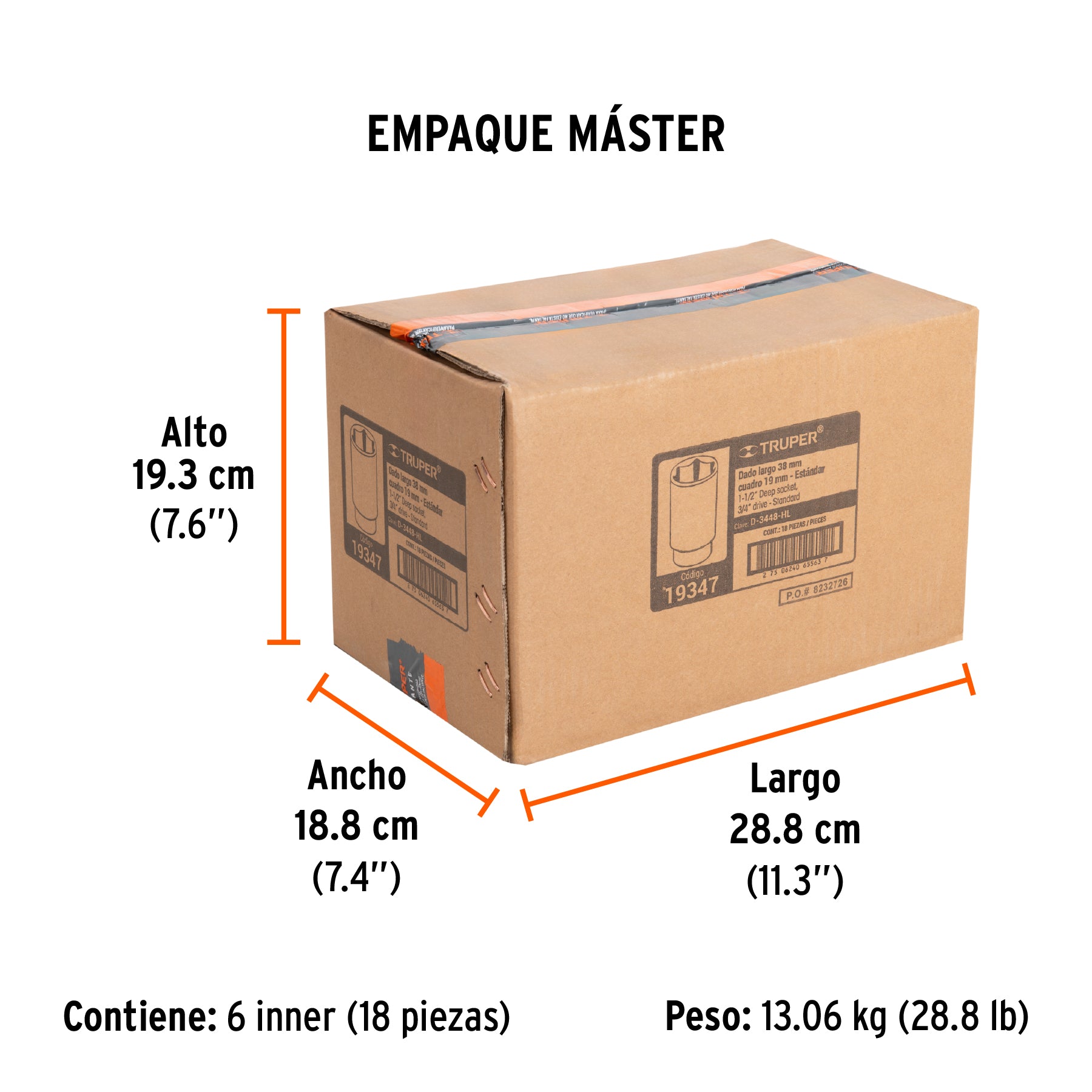 Dado de 6 puntas, largo, cuadro 3/4" de 1-1/2"