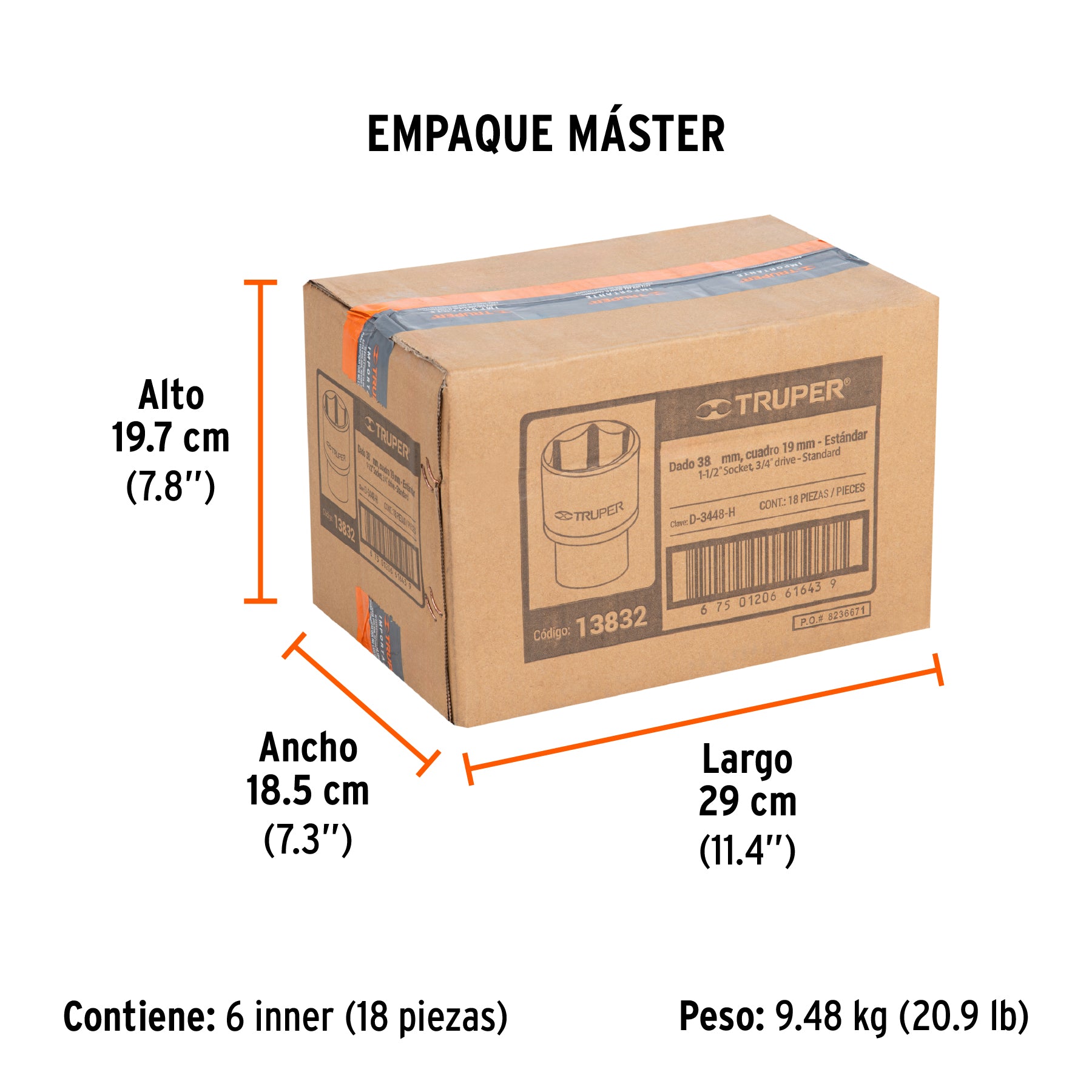 Dado de 6 puntas, cuadro 3/4" de 1-1/2"