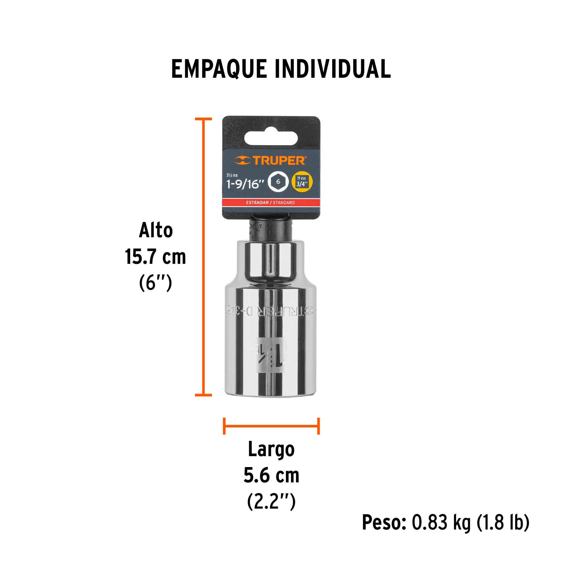 Dado de 6 puntas, largo, cuadro 3/4" de 1-9/16"