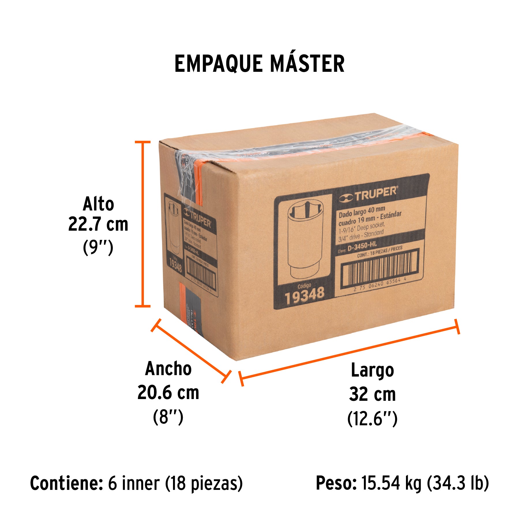 Dado de 6 puntas, largo, cuadro 3/4" de 1-9/16"