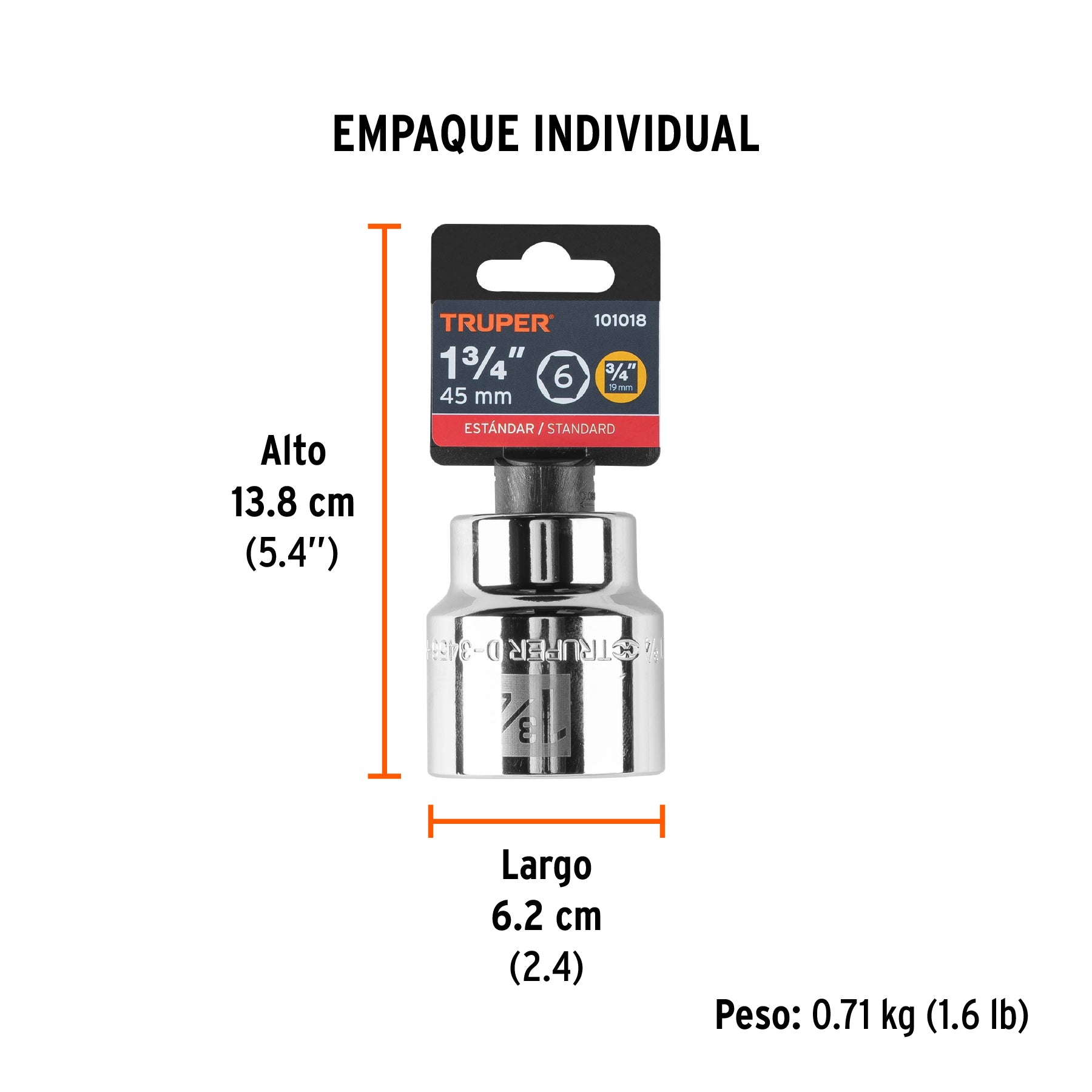 Dado de 1-3/4', 6 puntas, cuadro 3/4', Truper
