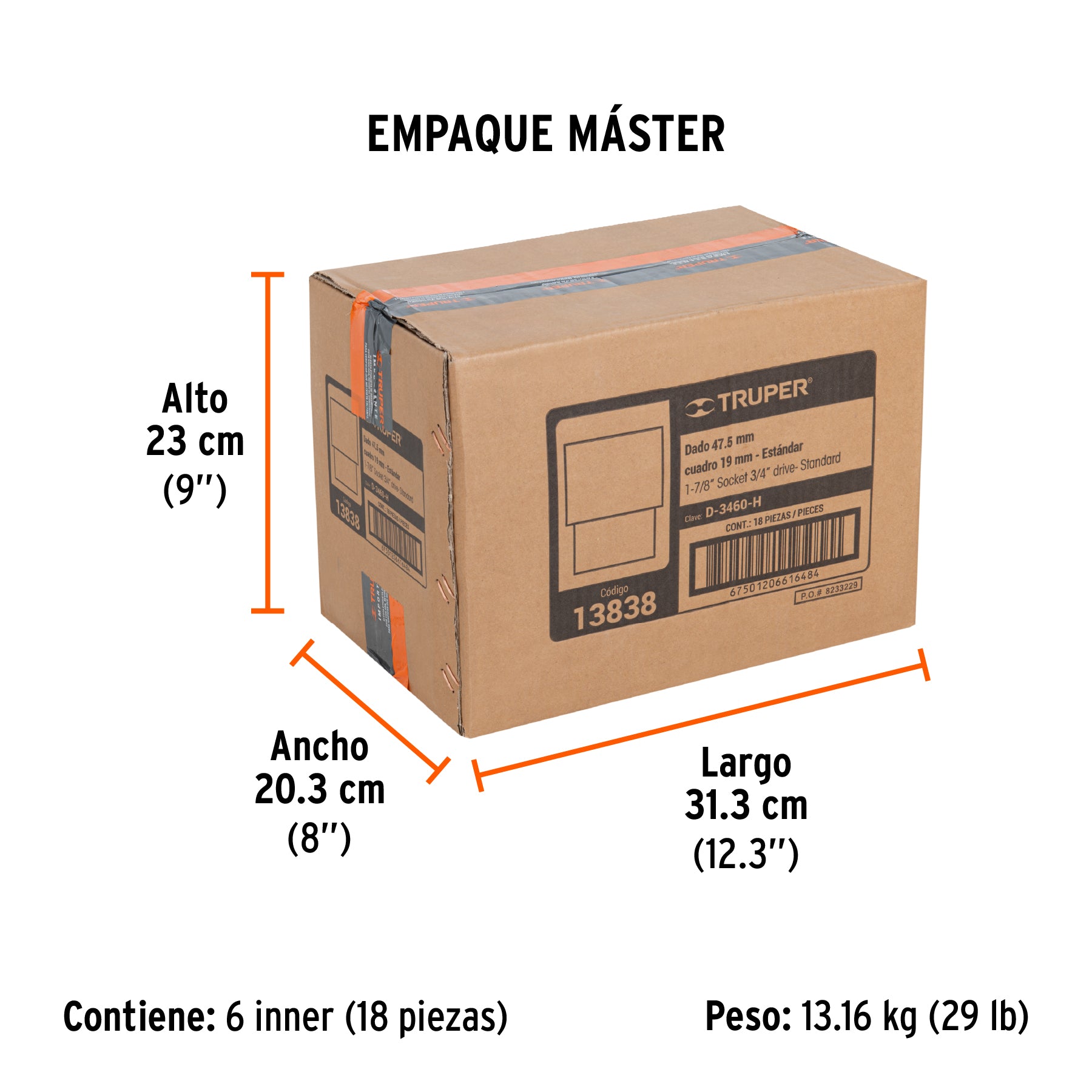 Dado de 6 puntas, cuadro 3/4" de 1-7/8"
