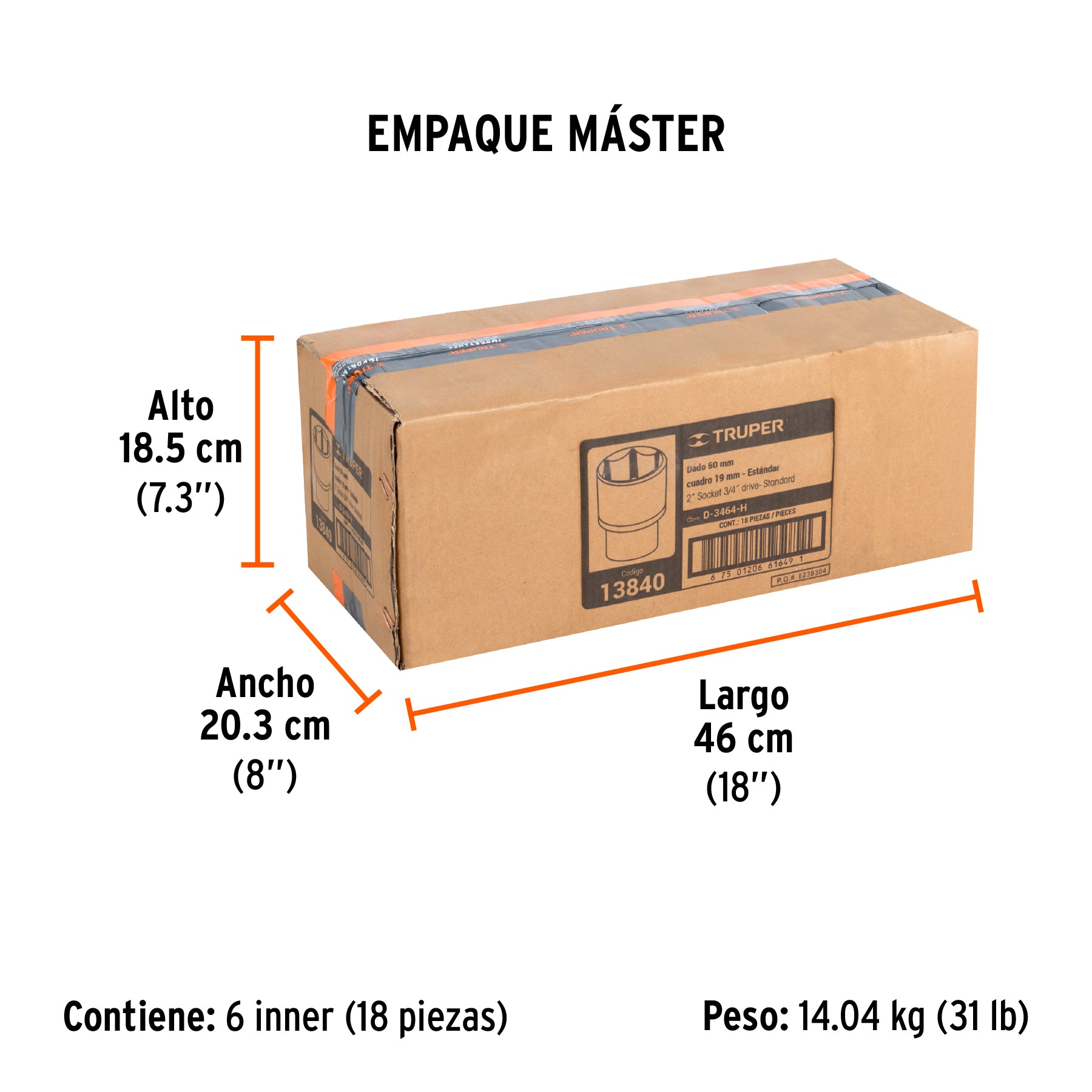 Dado de 6 puntas, cuadro 3/4" de 2"