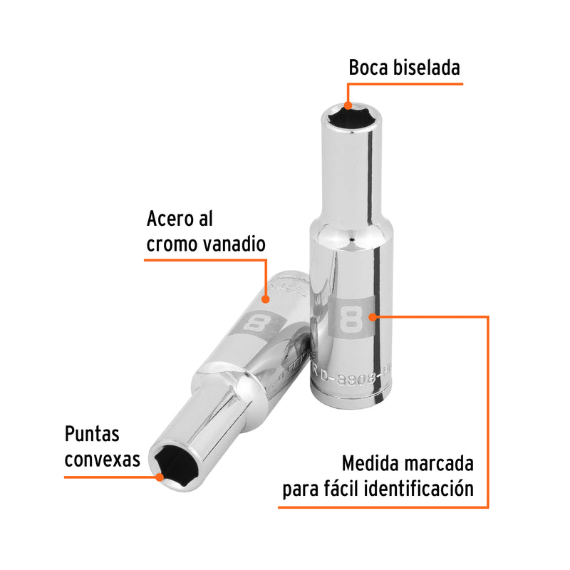 Dado largo de 8 mm, 6 puntas, cuadro 3/8', Truper