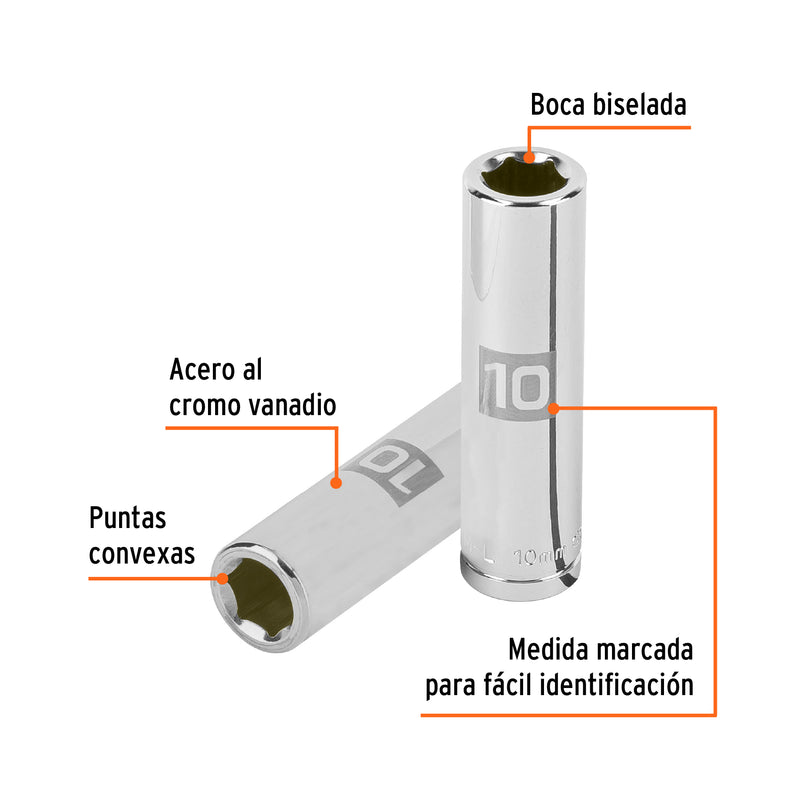 Dado de 6 puntas, largo, cuadro 3/8" de 10mm