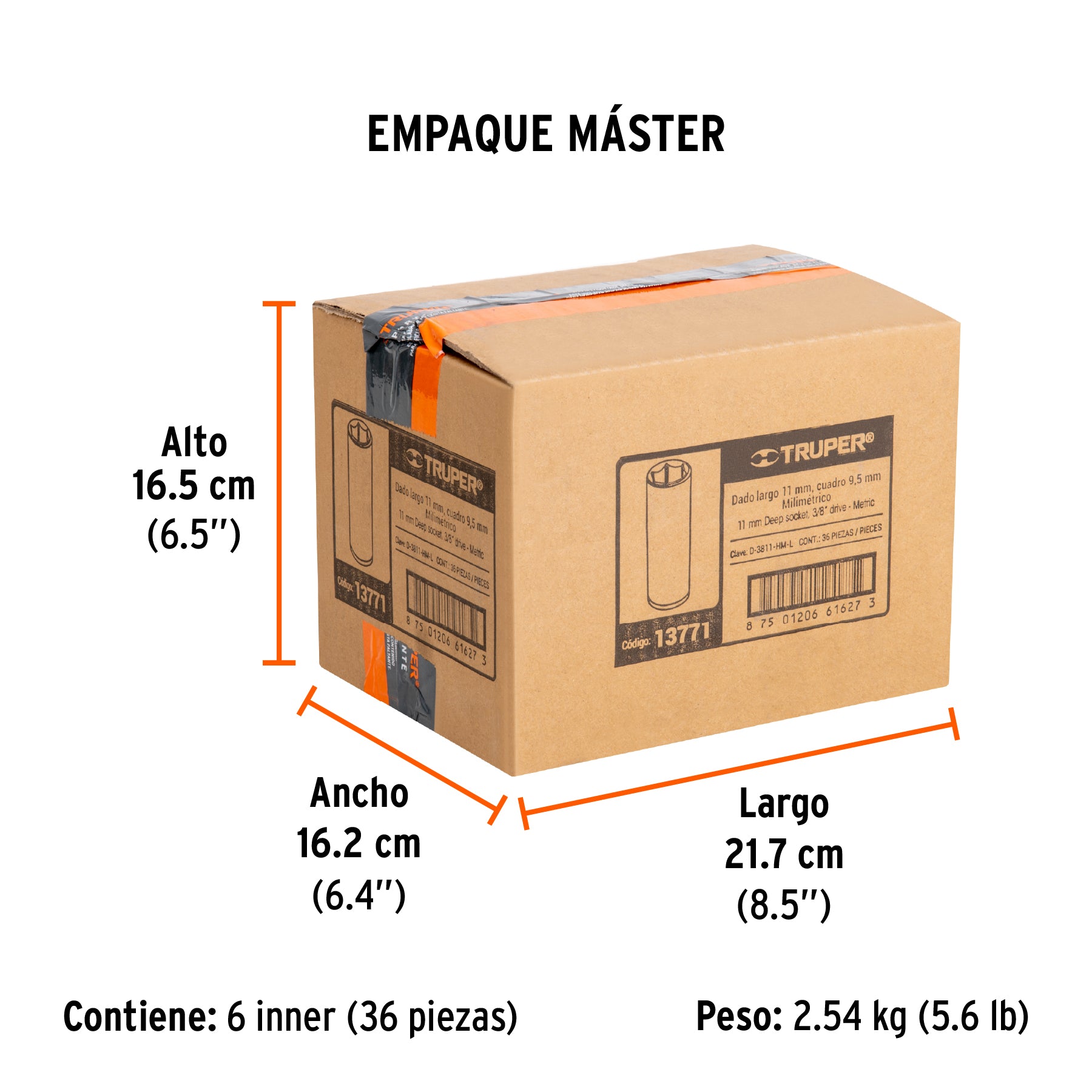 Dado de 6 puntas, largo, cuadro 3/8" de 11mm