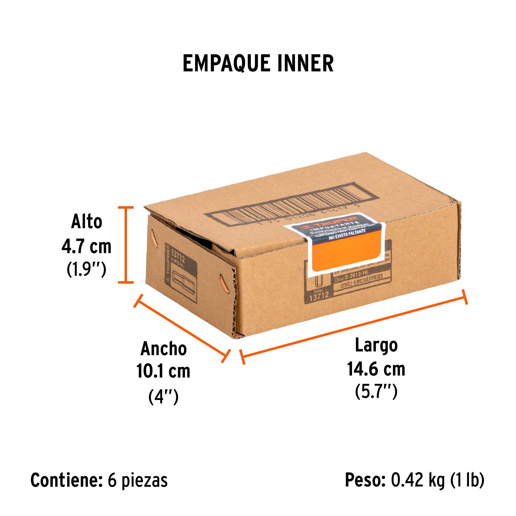 Dado de 6 puntas, largo, cuadro 3/8" de 3/8"
