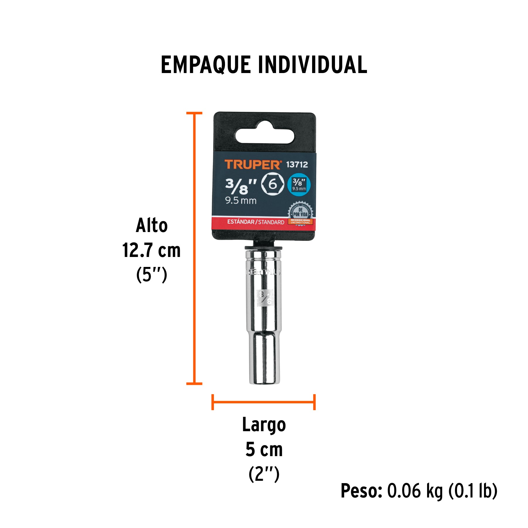 Dado de 6 puntas, largo, cuadro 3/8" de 3/8"