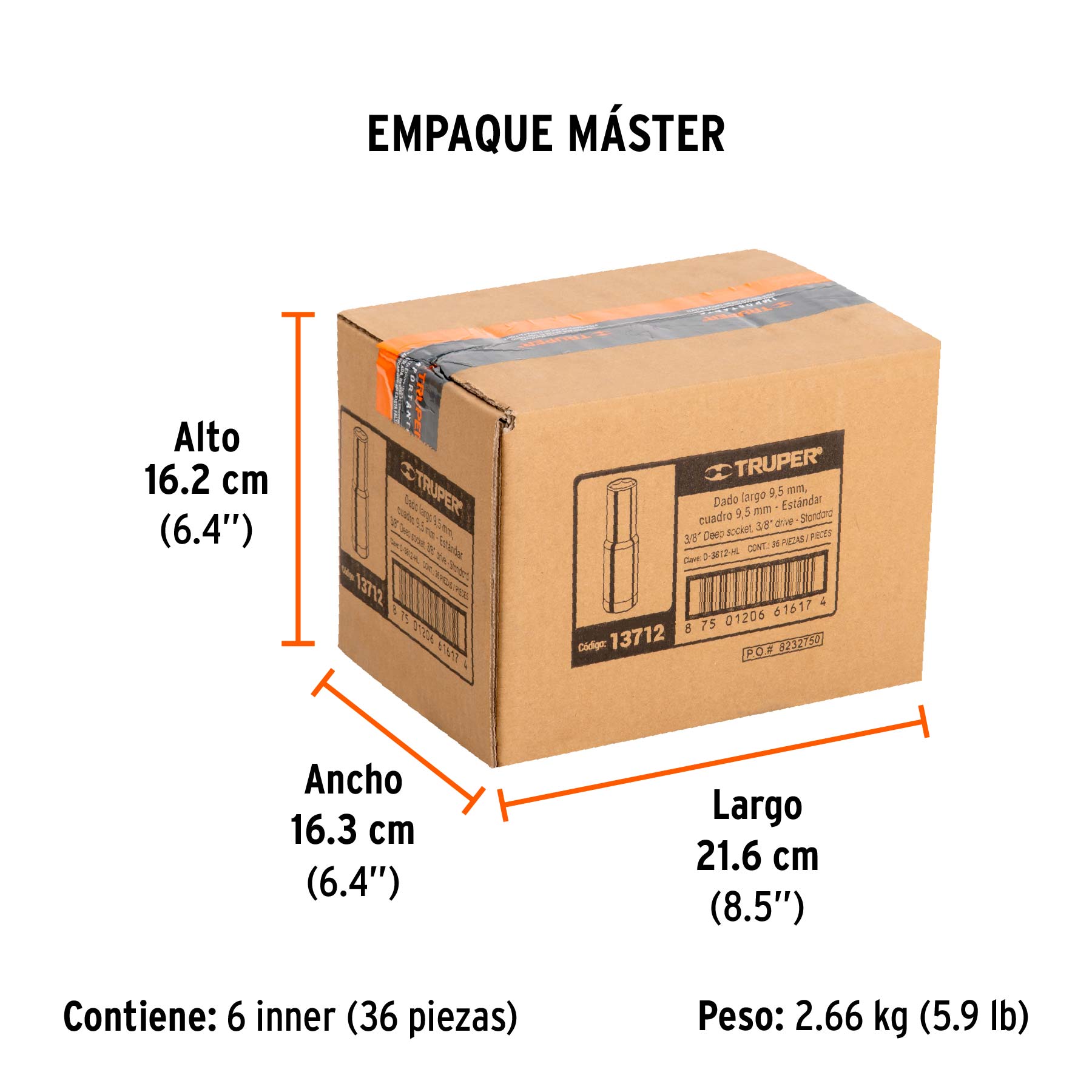 Dado de 6 puntas, largo, cuadro 3/8" de 3/8"