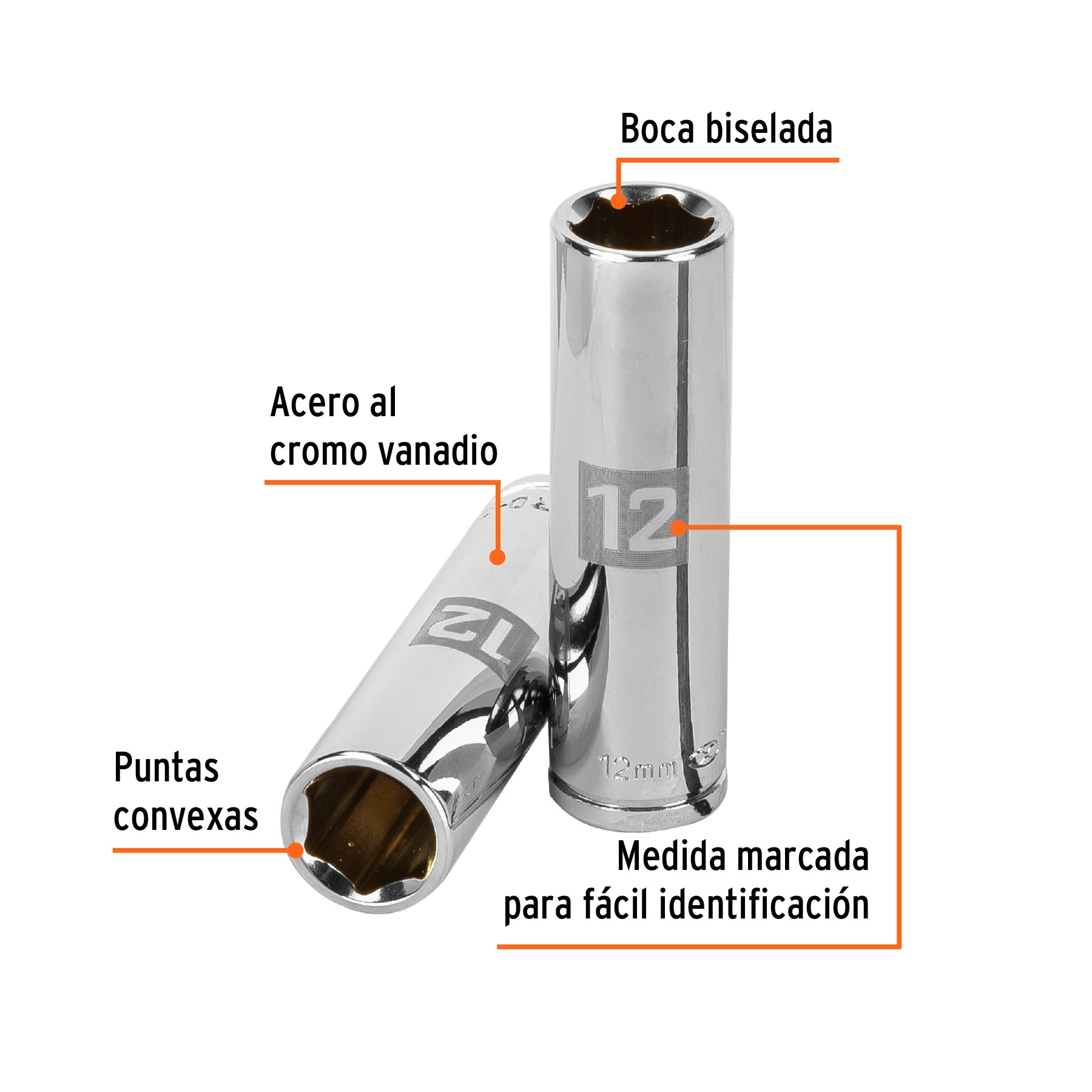 Dado de 6 puntas, largo, cuadro 3/8" de 12mm