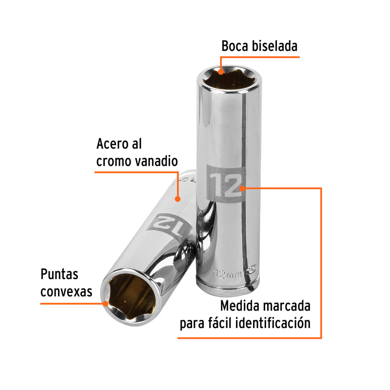 Dado de 6 puntas, largo, cuadro 3/8" de 12mm