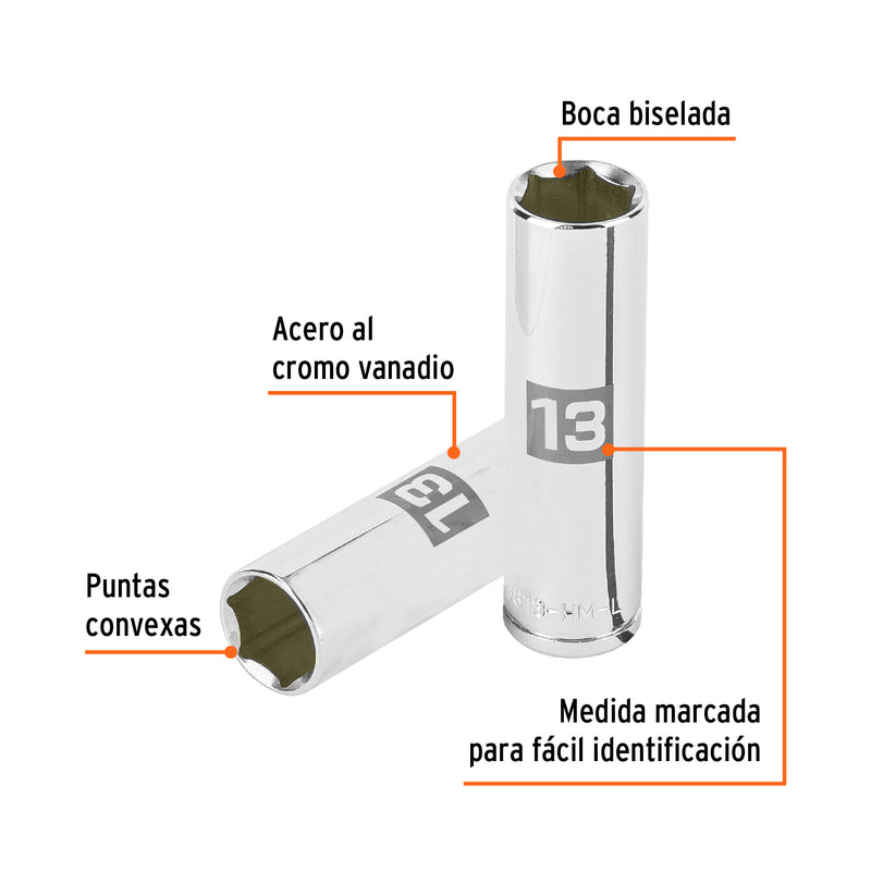 Dado de 6 puntas, largo, cuadro 3/8" de 13mm