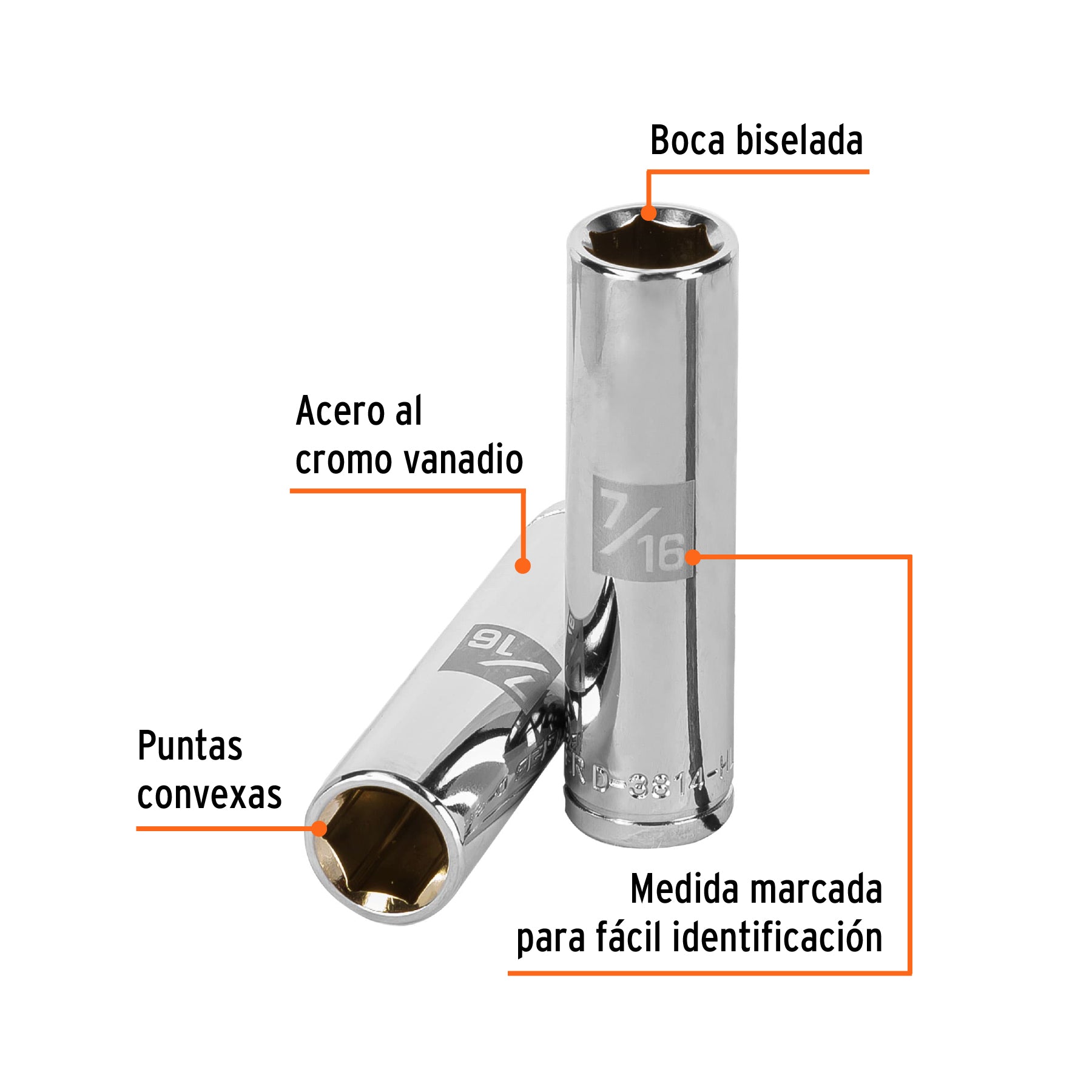 Dado de 6 puntas, largo, cuadro 3/8" de 7/16"