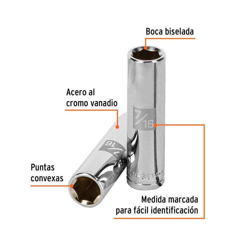 Dado de 6 puntas, largo, cuadro 3/8" de 7/16"