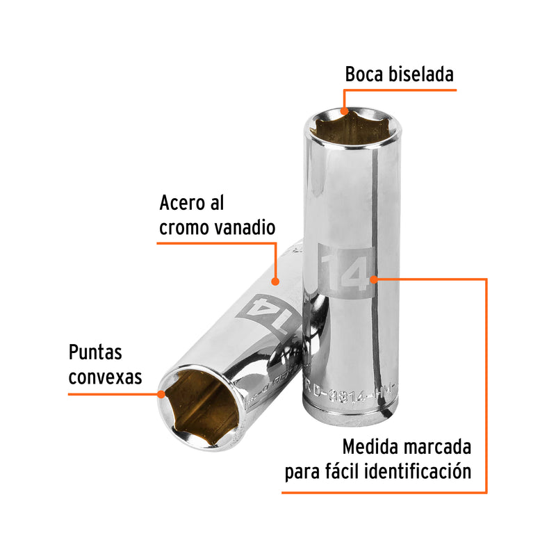 Dado de 6 puntas, largo, cuadro 3/8" de 14mm