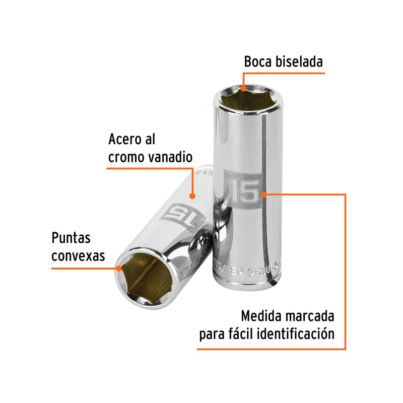 Dado de 6 puntas, largo, cuadro 3/8" de 15mm