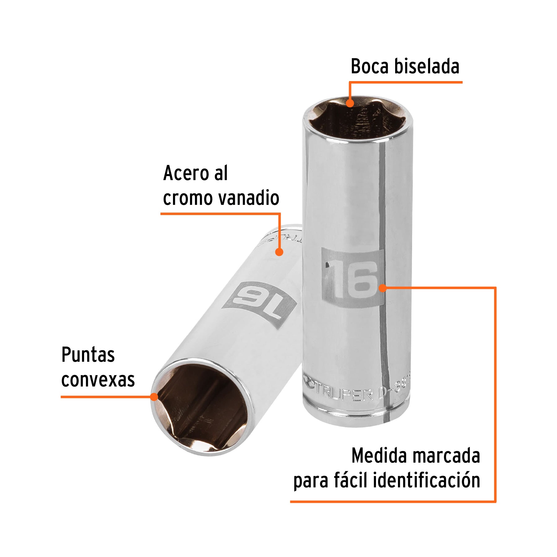Dado de 6 puntas, largo, cuadro 3/8" de 16mm
