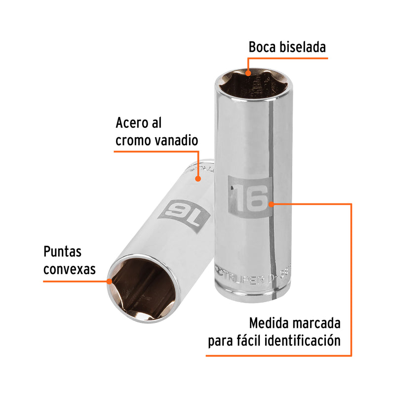 Dado de 6 puntas, largo, cuadro 3/8" de 16mm