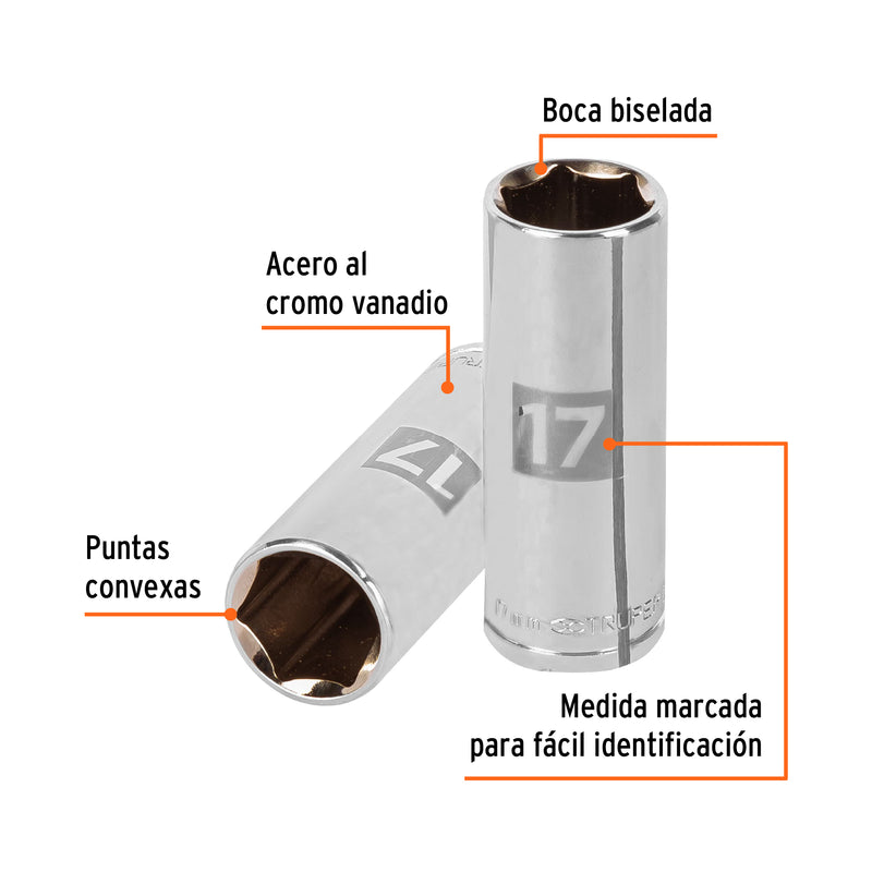 Dado de 6 puntas, largo, cuadro 3/8" de 17mm