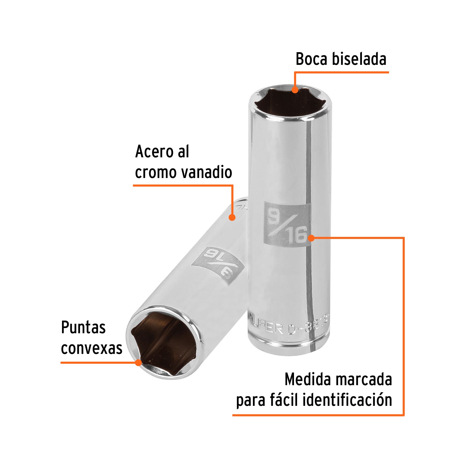 Dado de 6 puntas, largo, cuadro 3/8" de 9/16"