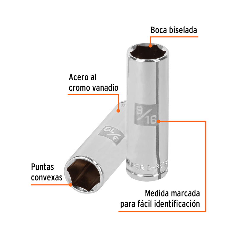 Dado de 6 puntas, largo, cuadro 3/8" de 9/16"