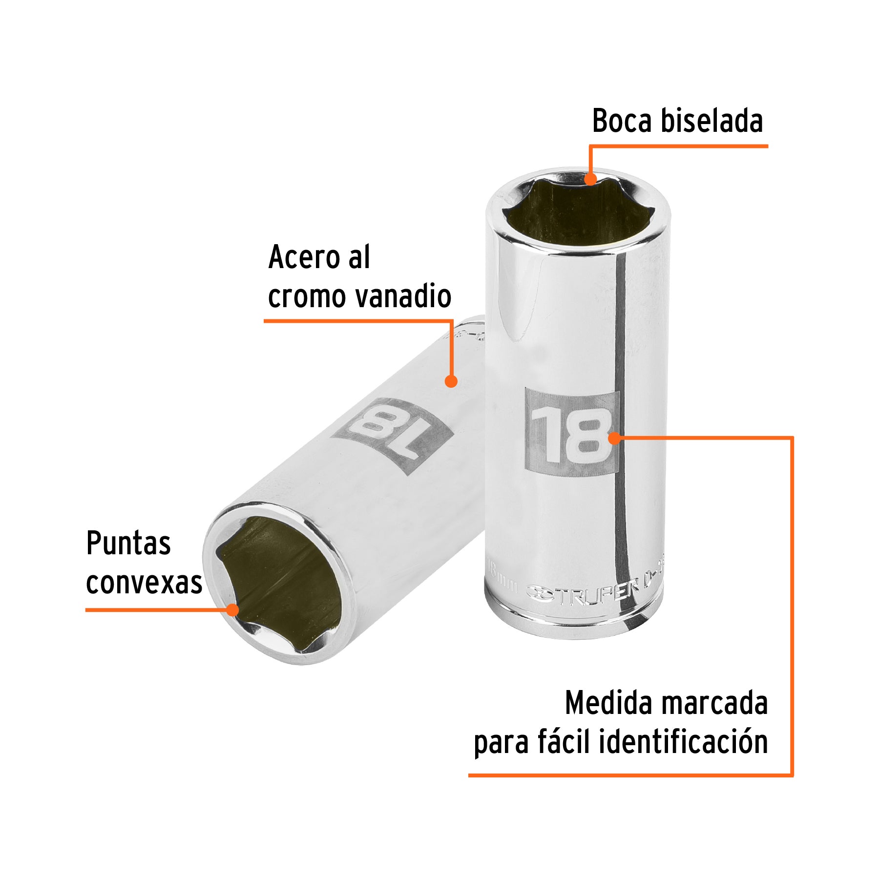 Dado de 6 puntas, largo, cuadro 3/8" de 18mm