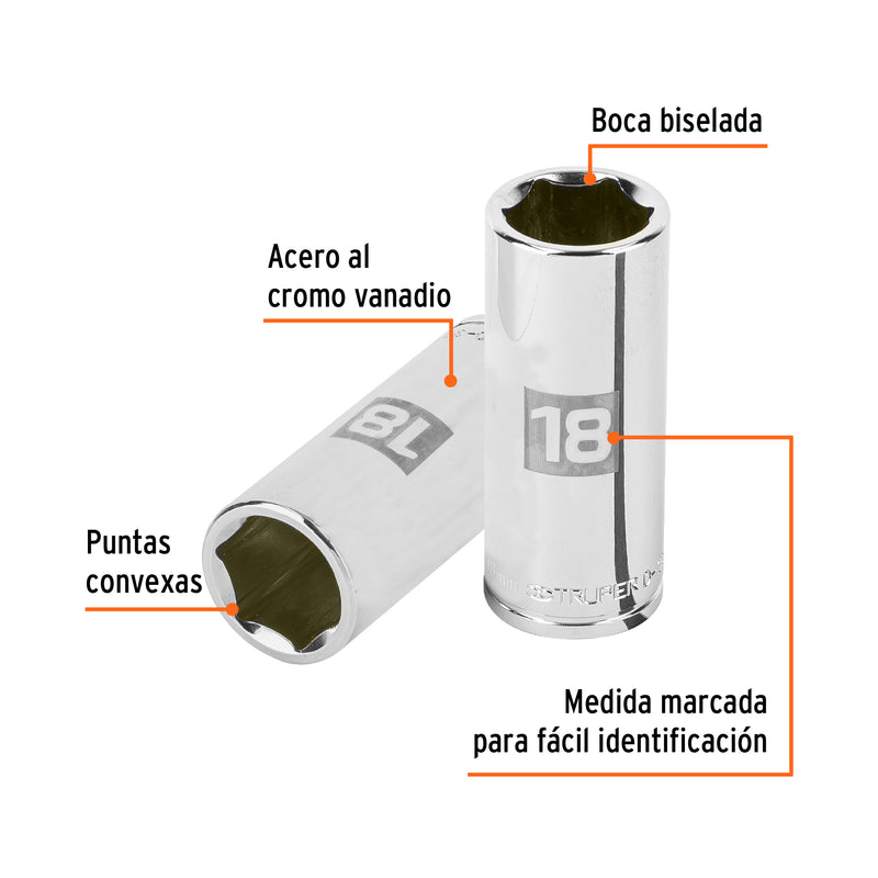 Dado de 6 puntas, largo, cuadro 3/8" de 18mm